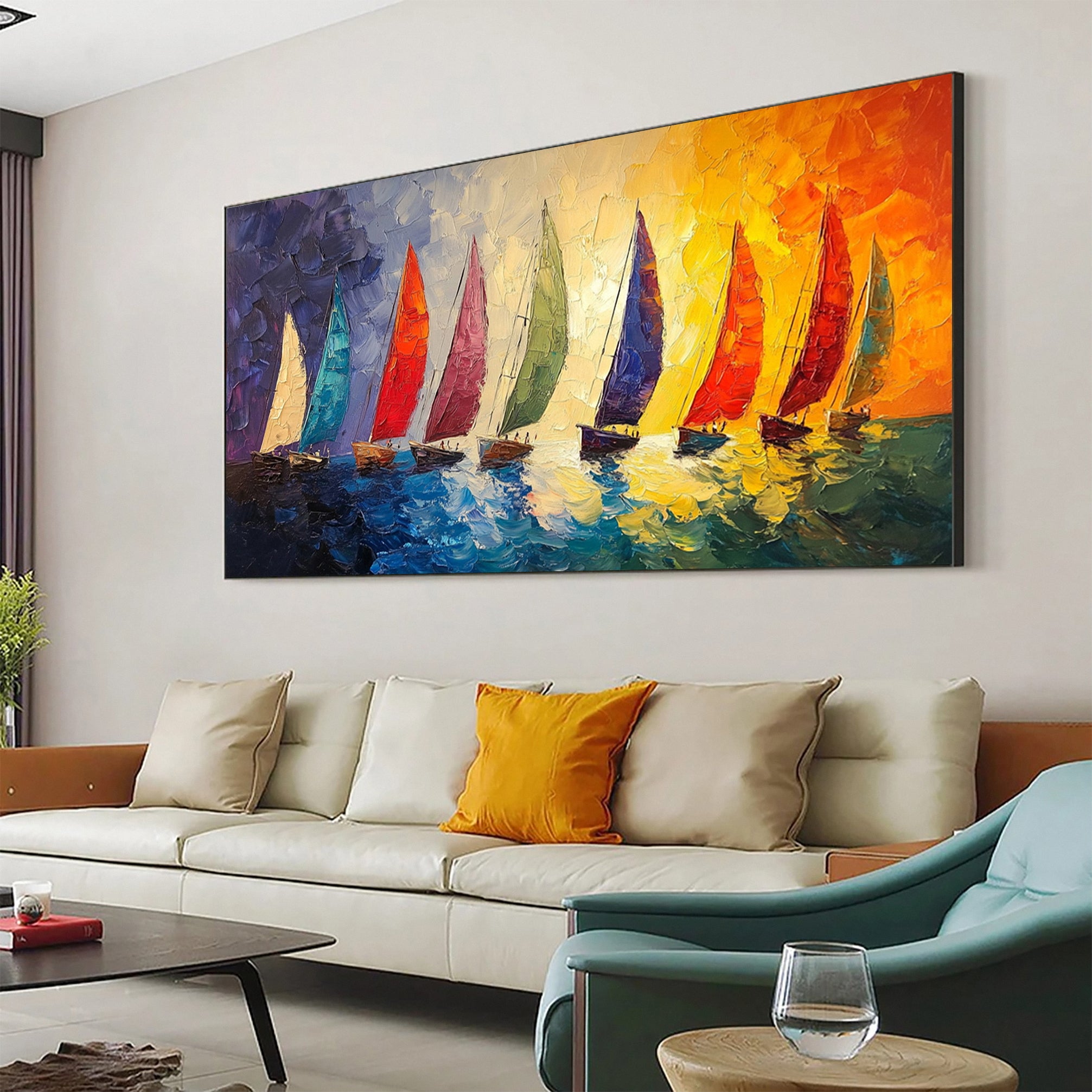 Colorful Regatta Textured Sailboat Painting Sunset Wall Art #MMA 158