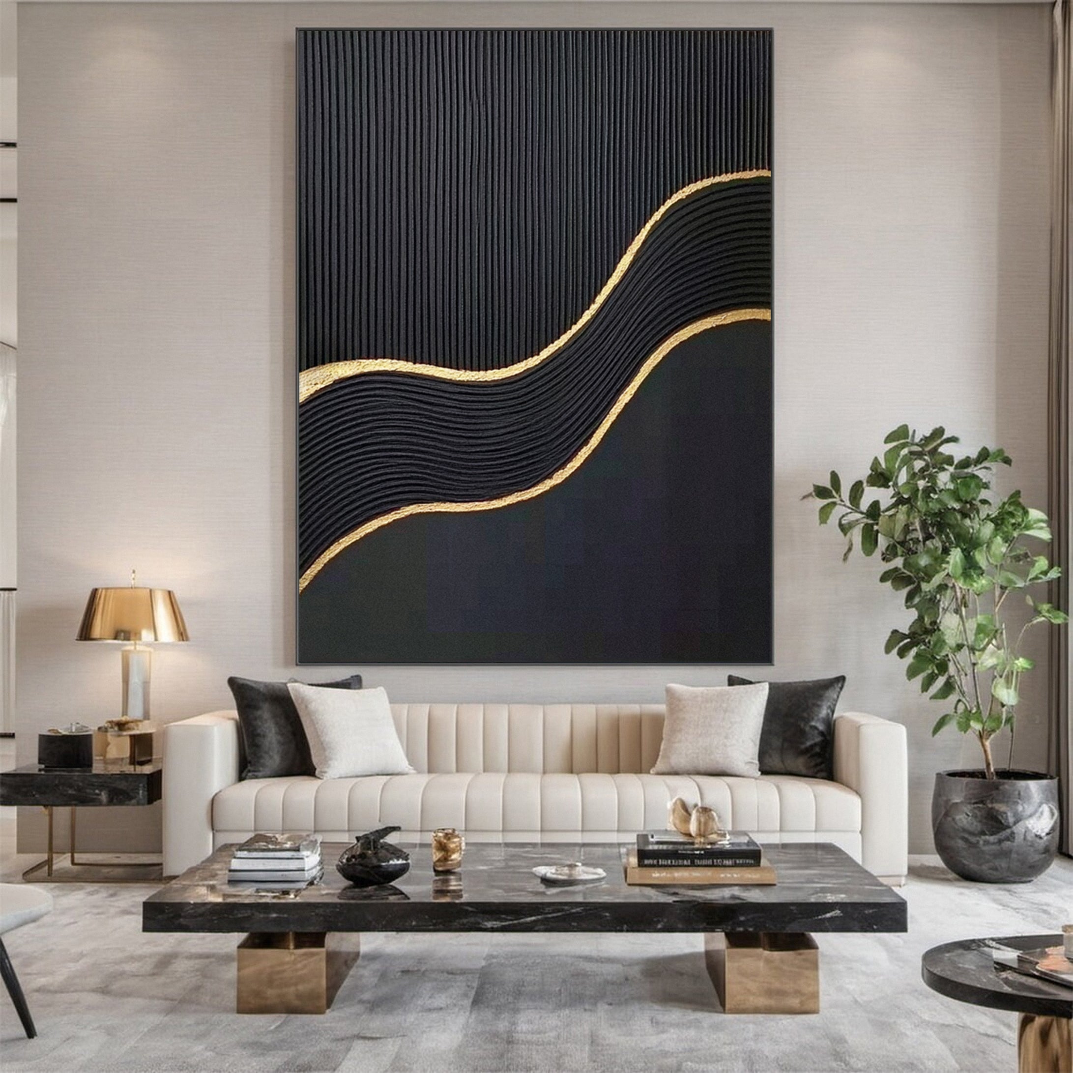 Luxury Waves Black and Gold Abstract Canvas Art #MMA 123