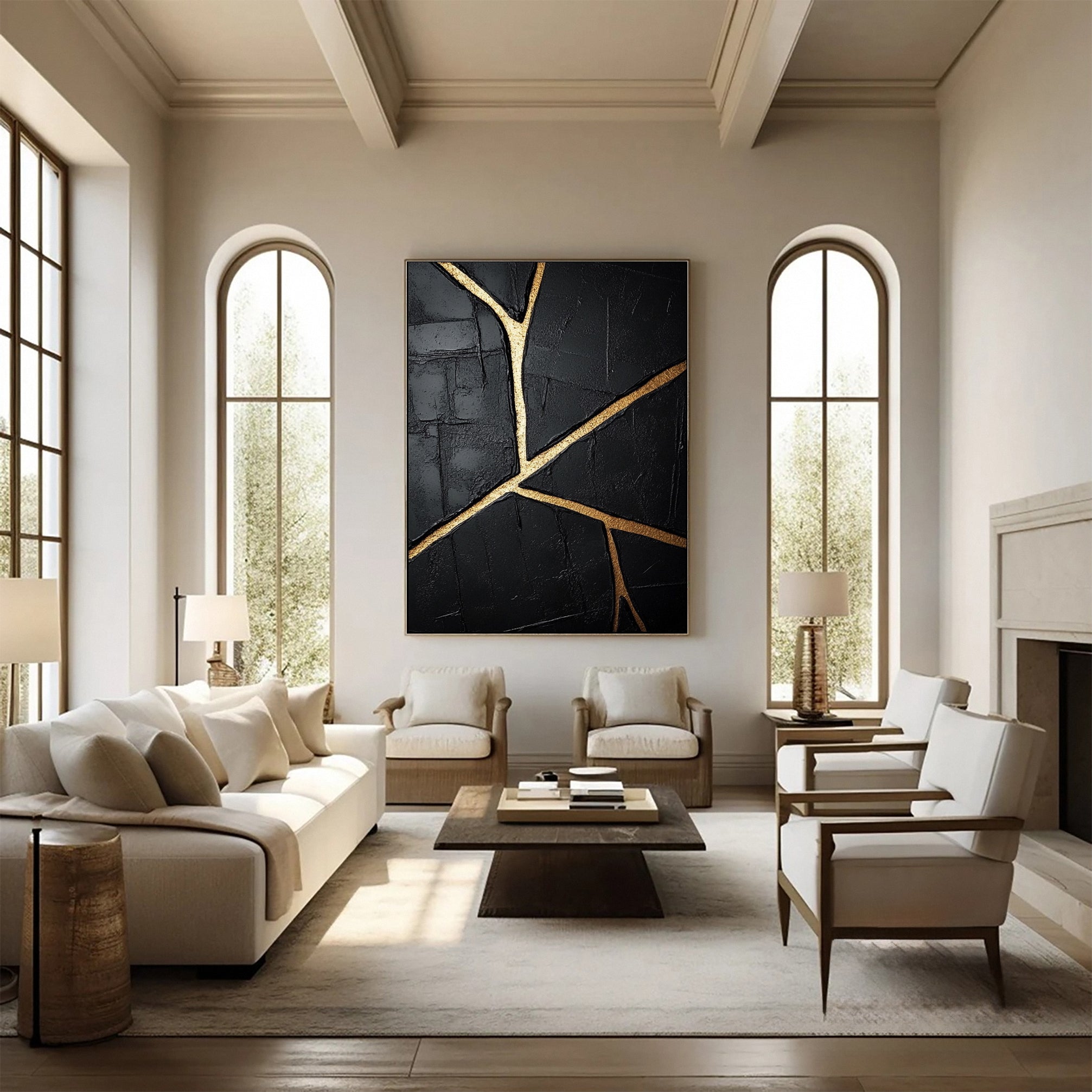 Golden Cracks Black Modern Abstract Art for Elegant Interiors #MMA 109