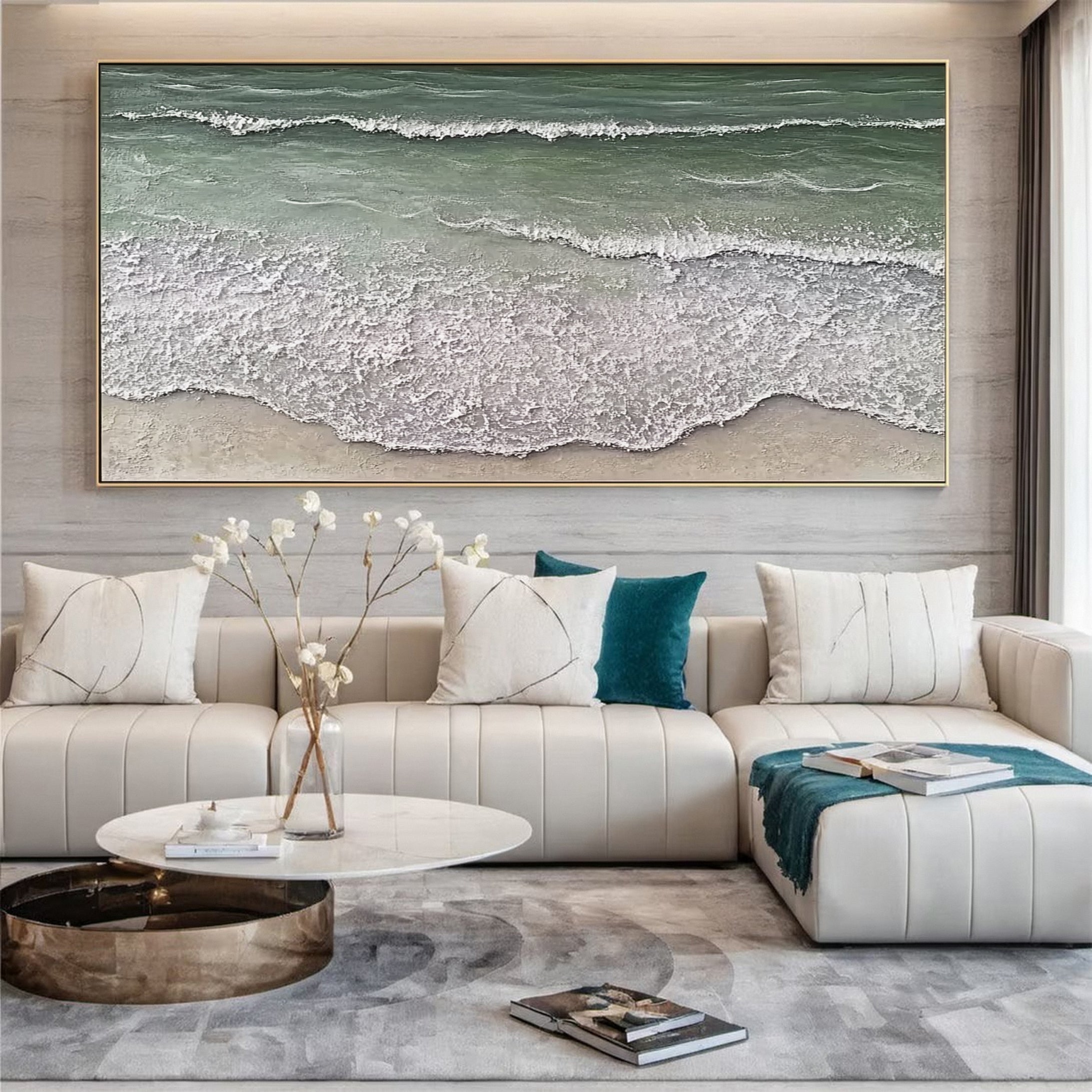 Large Green & White Sea Wave Textured Wall Art #OS 050