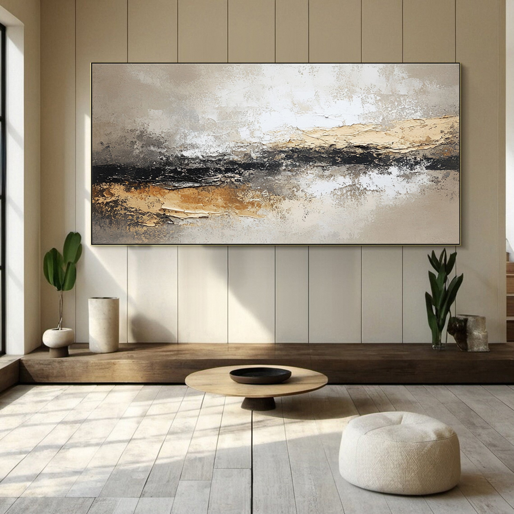 Large Beige & Black Abstract Wall Art For Living Room Decor #AP 027