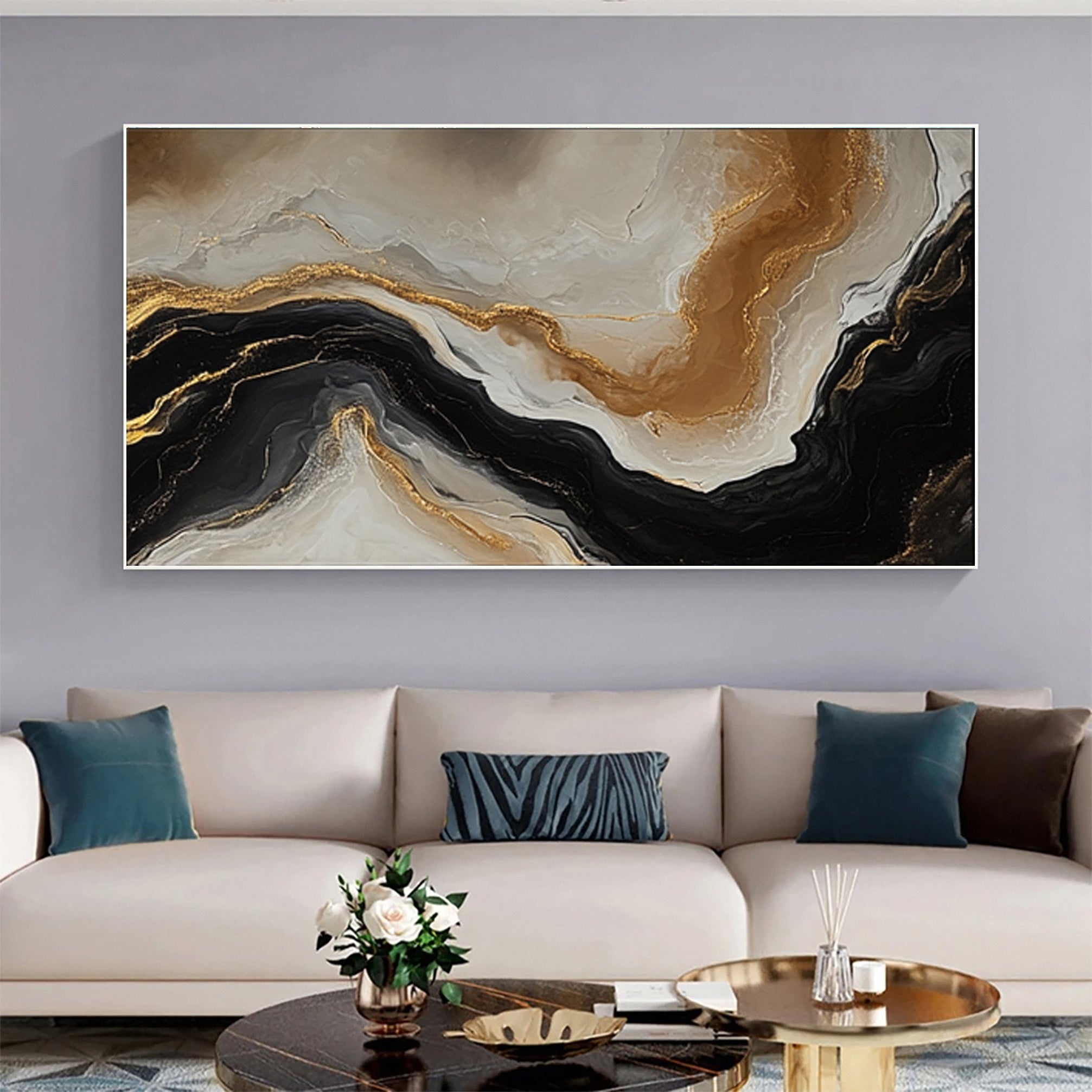 Large Beige & Black Abstract Wall Art For Living Room Decor #AP 056