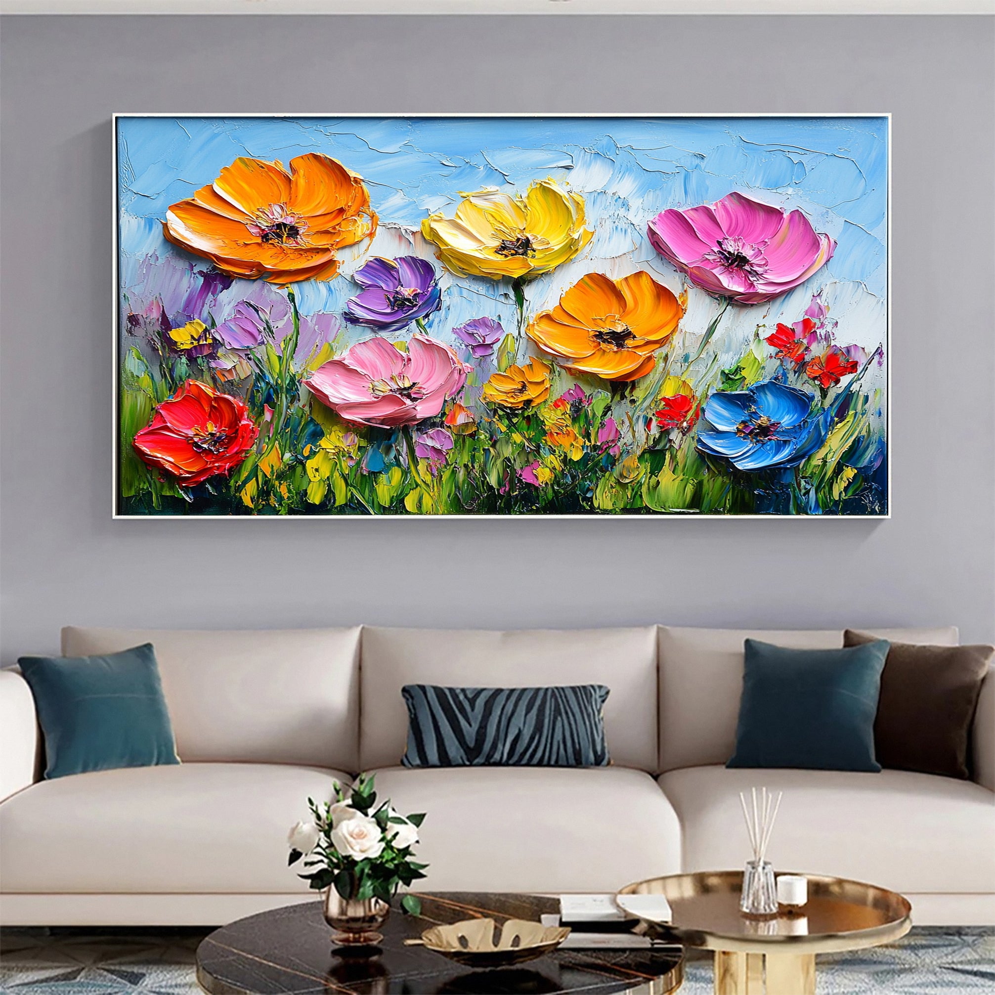 Meadow's Embrace Vibrant Flower Field Canvas Colorful Art #FT 021