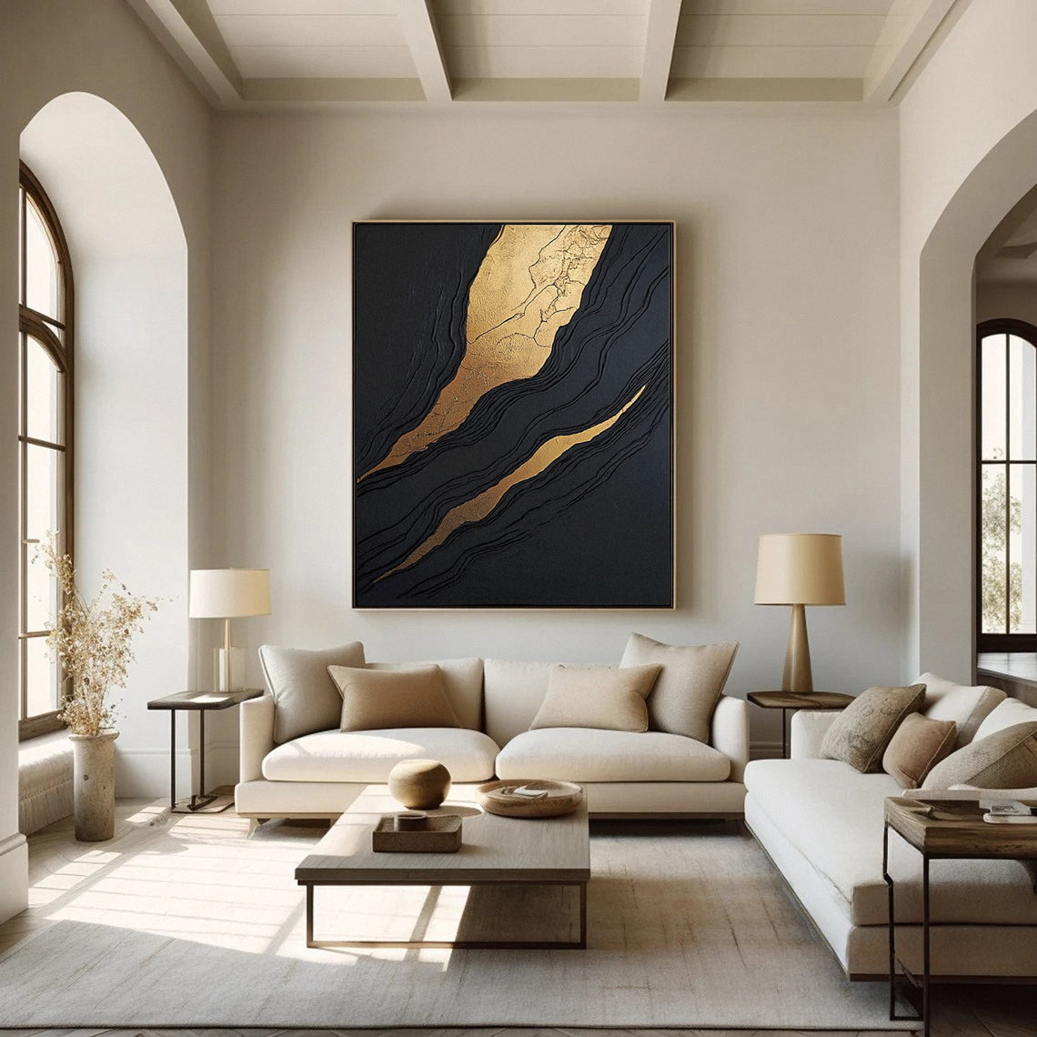 Golden Sway Chic Black and Gold Large Textured Wall Art #MMA 129