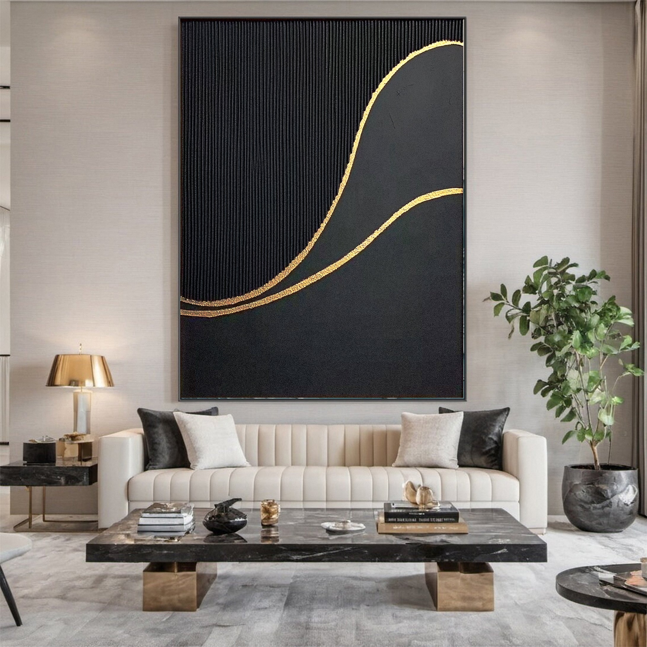 Luxury Waves Black and Gold Abstract Canvas Art #MMA 124