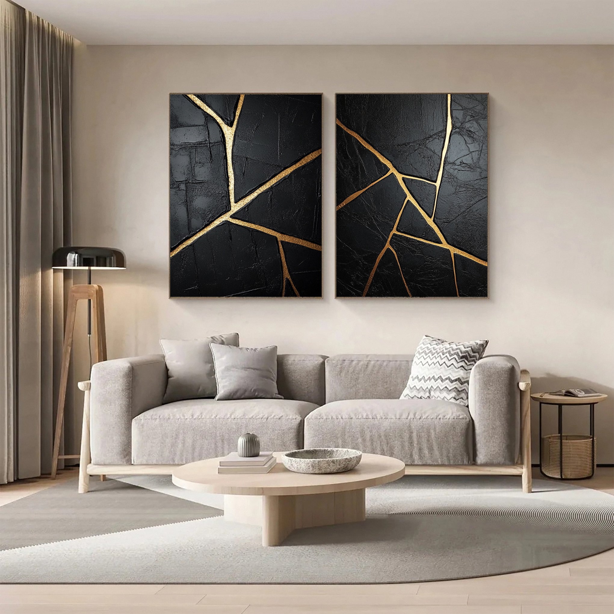 Luxurious Depths Black & Gold Abstract Canvas Art Set Of 2 #MMAS 052