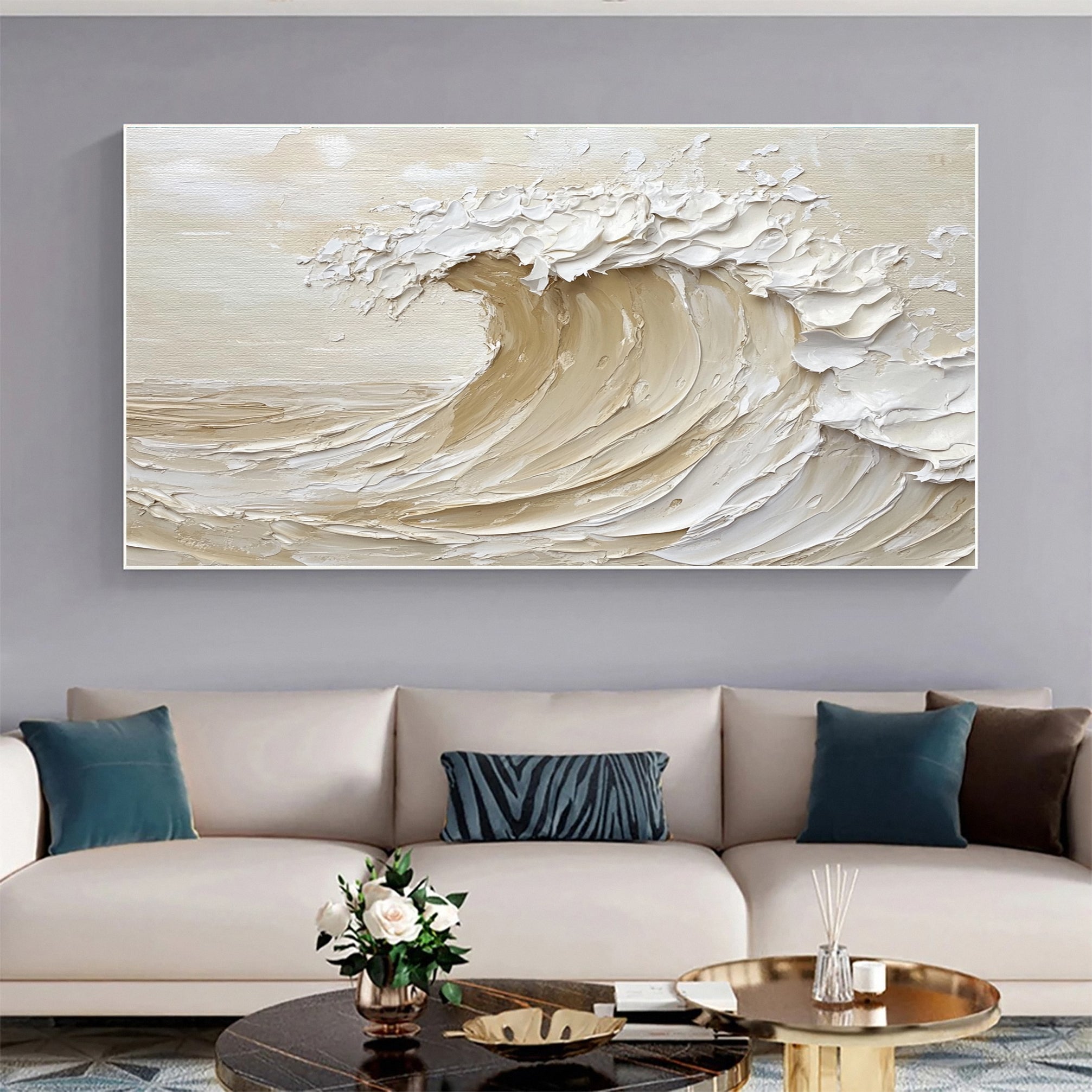 Neutral Toned Wave Large Ocean Textured Wall Art #OS 045