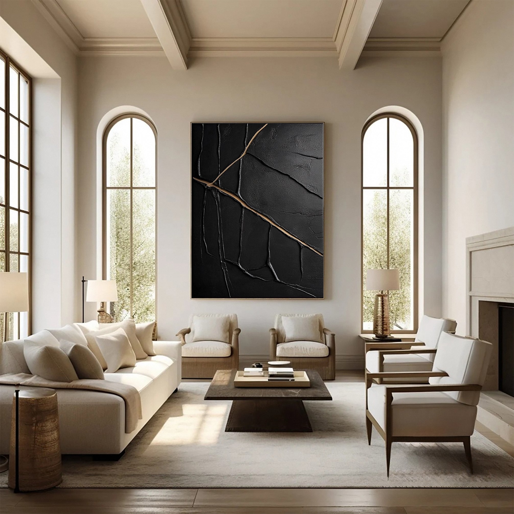 Golden Cracks Black Modern Abstract Art for Elegant Interiors #MMA 110