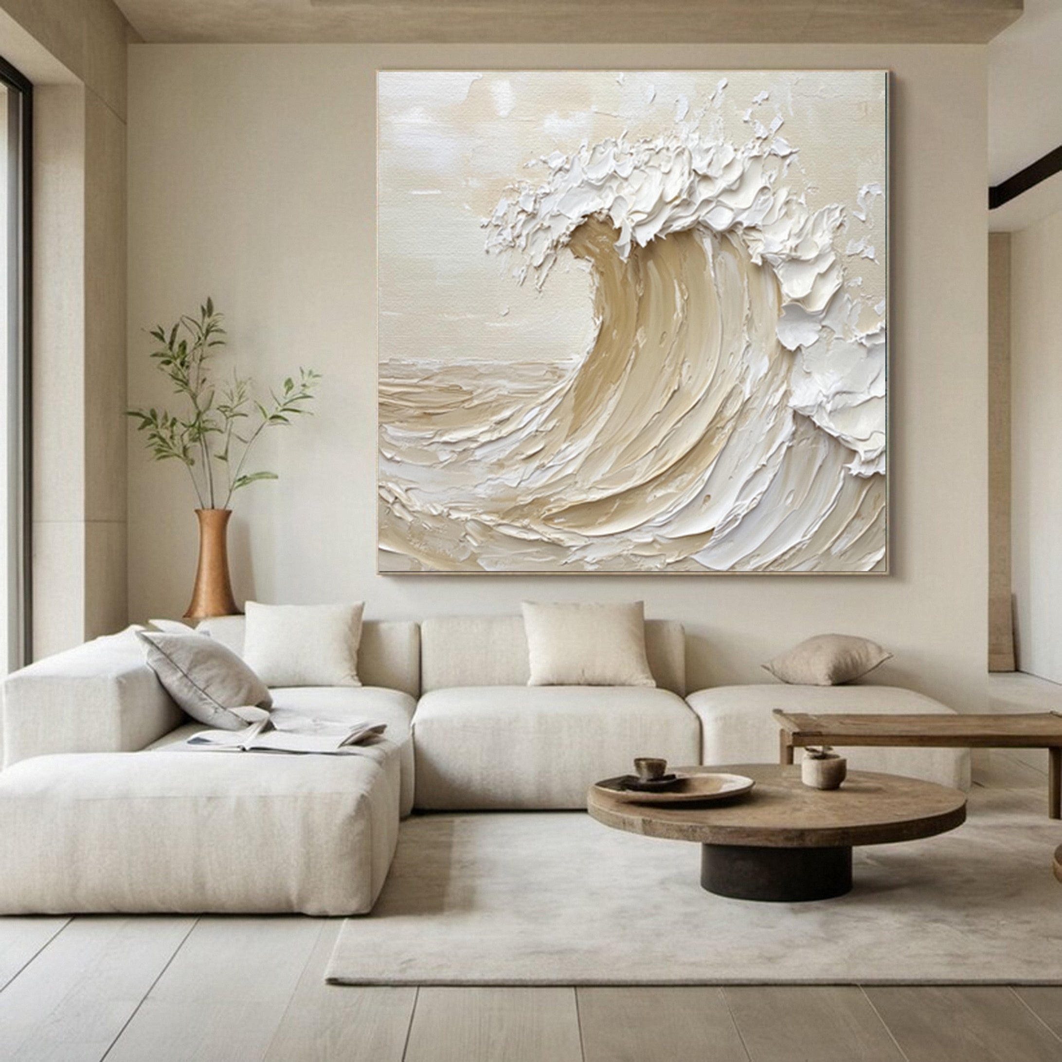 Neutral Toned Wave Large Ocean Textured Wall Art #OS 046