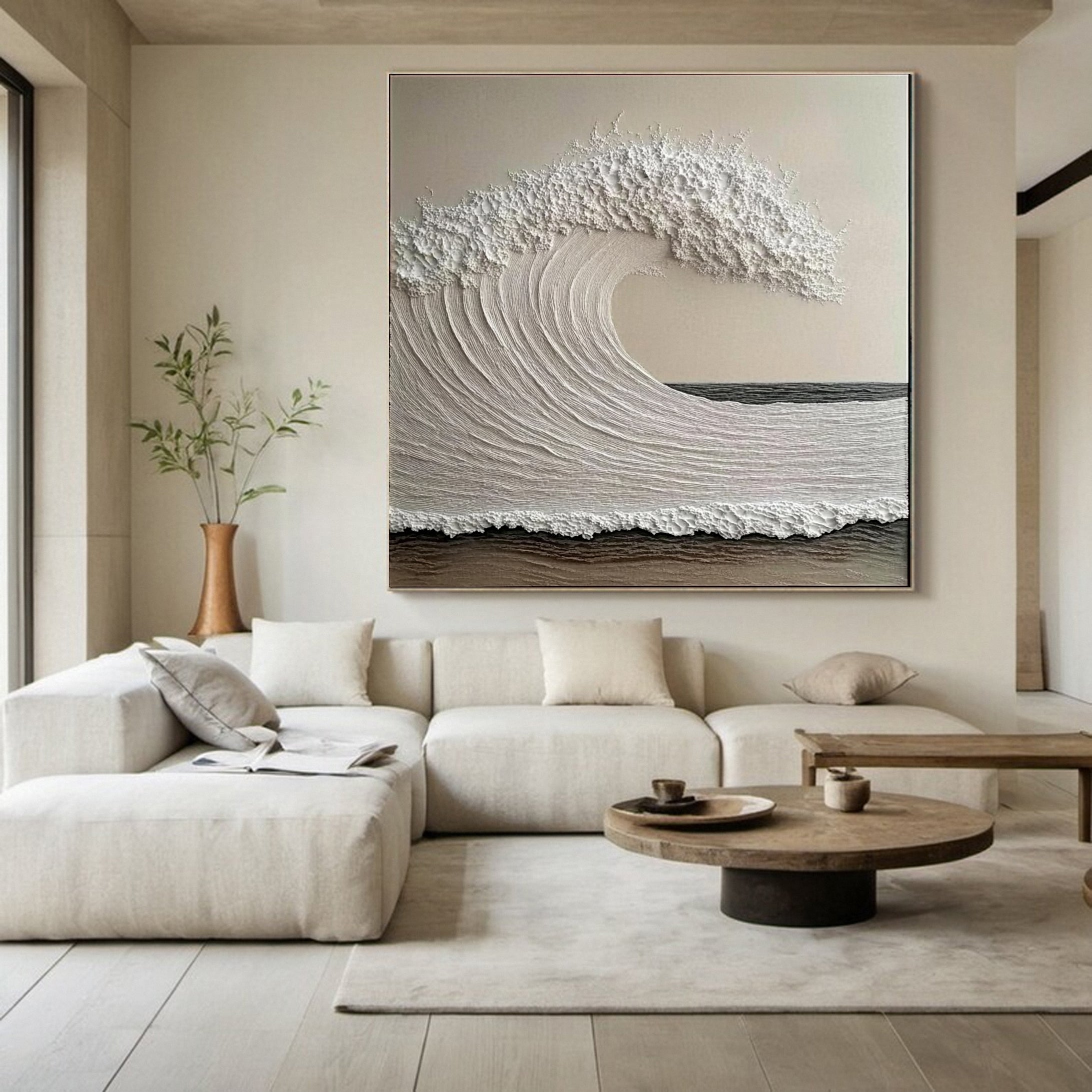 Neutral Toned Wave Large Ocean Textured Wall Art #OS 047