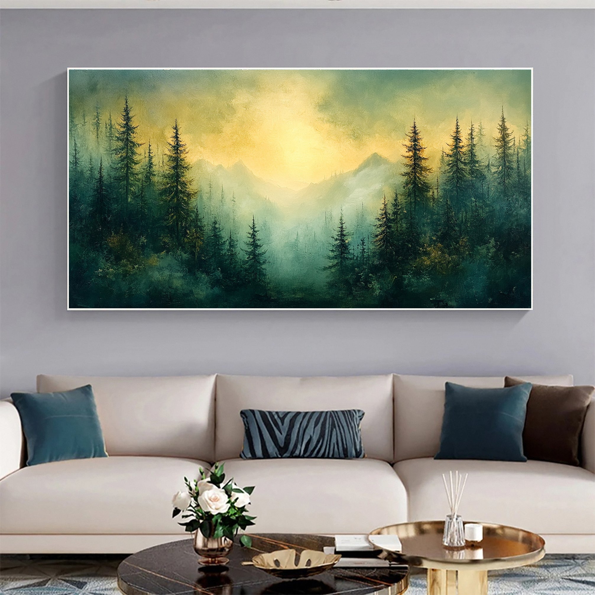 Mystic Mountains Serene Forest Landscape Canvas Wall Art #FT 035