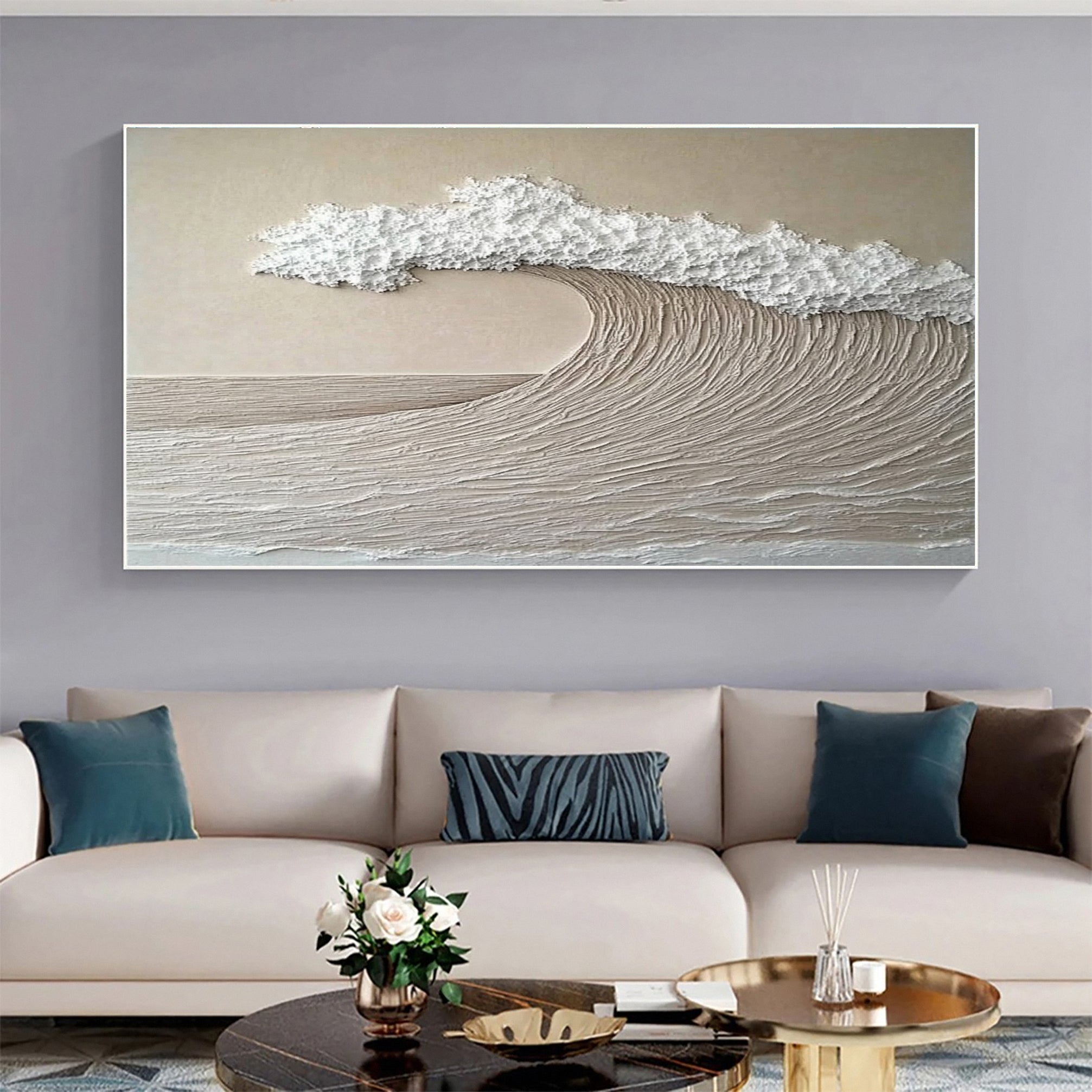 Neutral Toned Wave Large Ocean Textured Wall Art #OS 044