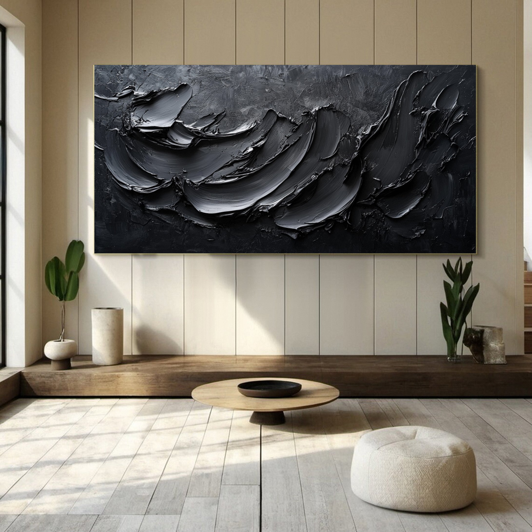 Luxurious Depths Large Black Textured Abstract Canvas Art #MMA 111