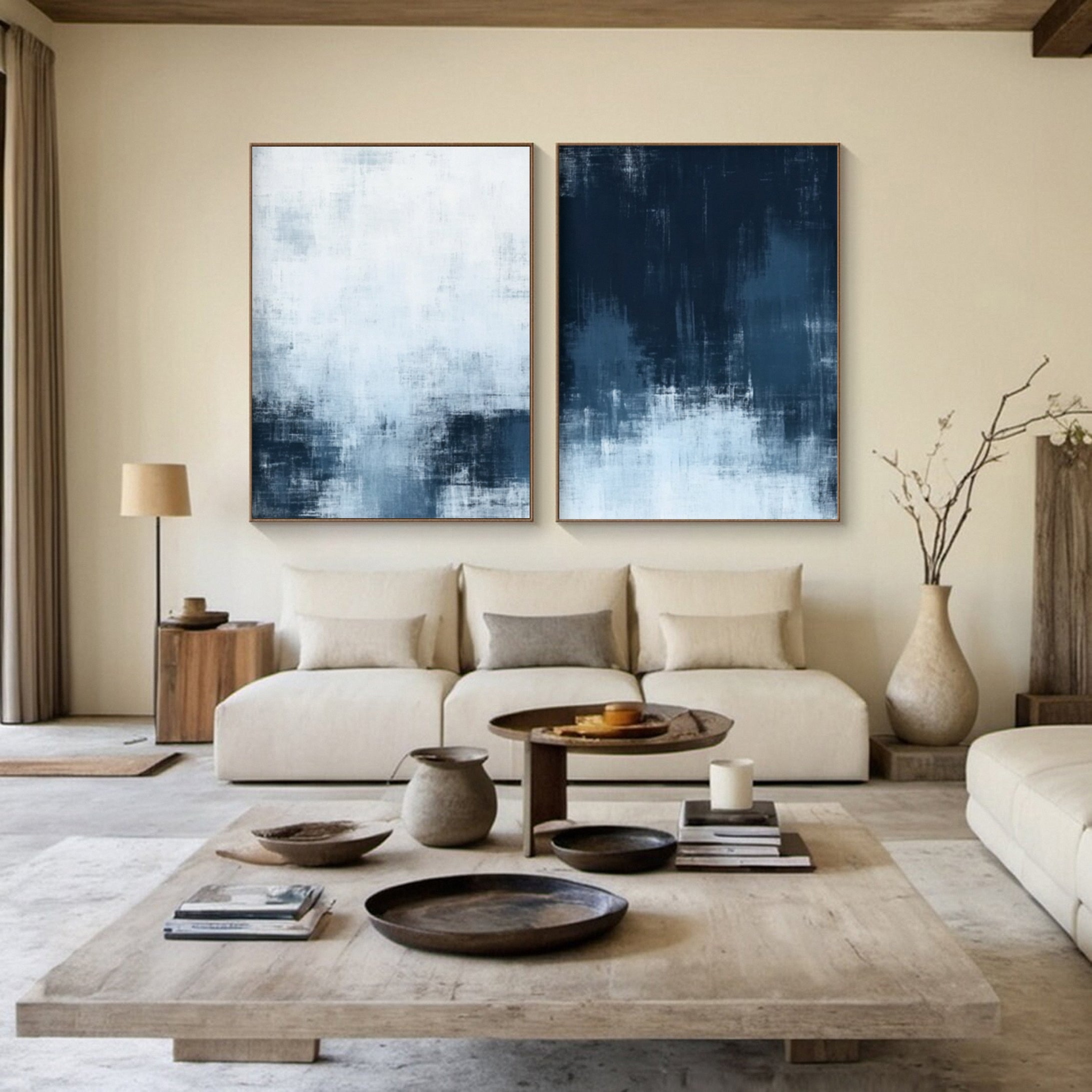 Large Blue & White Abstract Wabi Sabi Wall Art Set Of 2 #APS 004