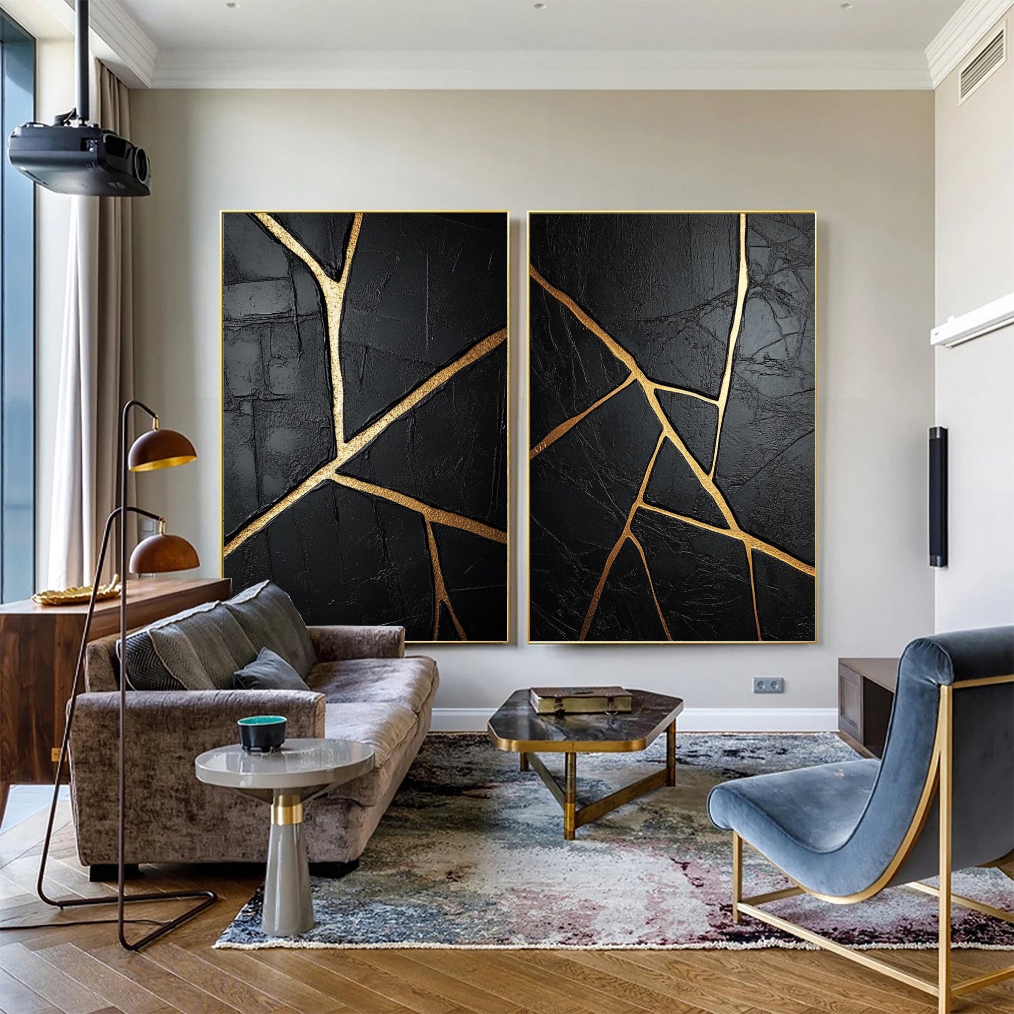 Luxurious Depths Black & Gold Abstract Canvas Art Set Of 2 #MMAS 052