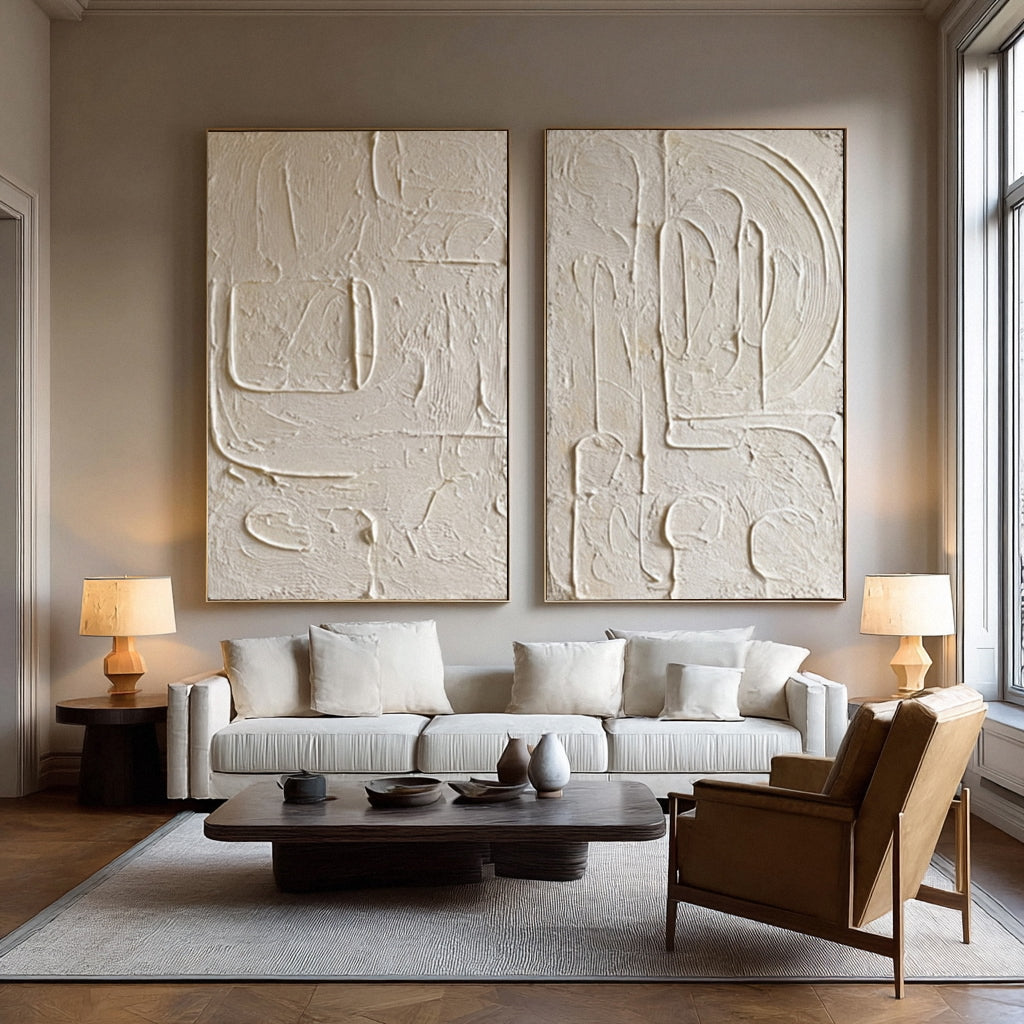 Oversized White Impasto Paintings for Minimalist Chic Set Of 2 #AG 013