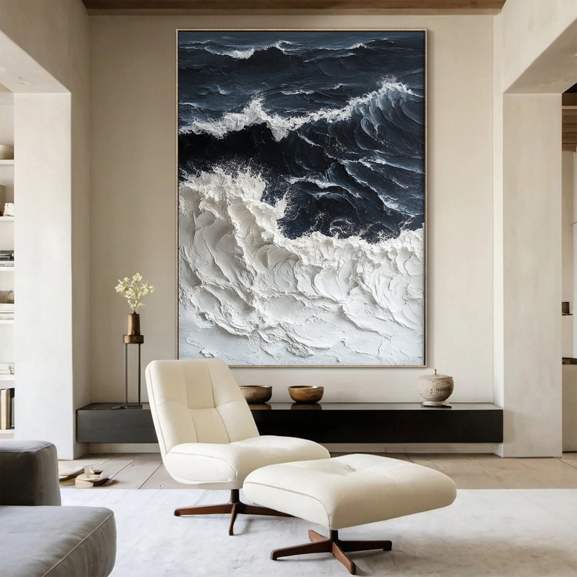 Sea Wave Black & White Large Textured Ocean Wall Art #OS 041