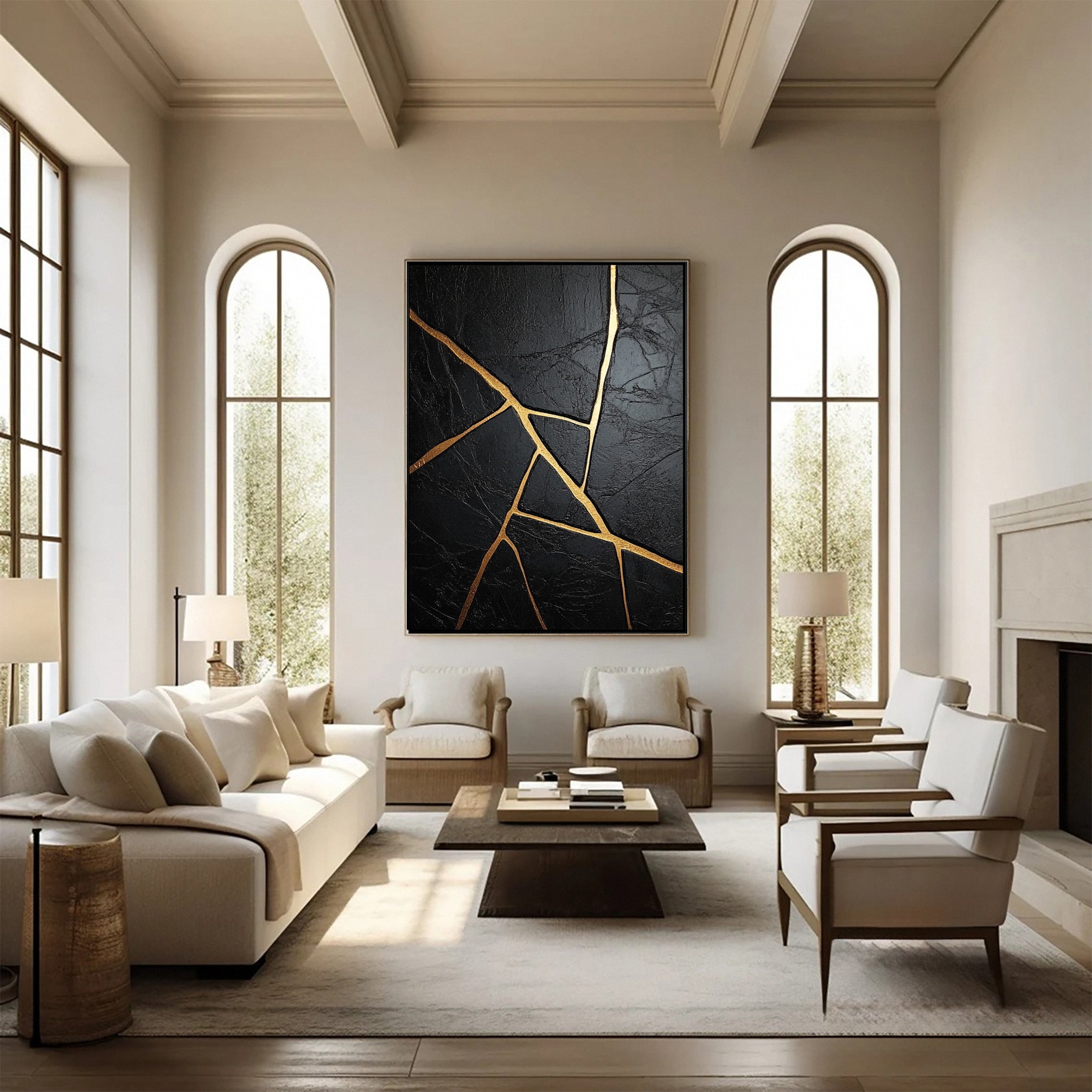 Golden Cracks Black Modern Abstract Art for Elegant Interiors #MMA 108