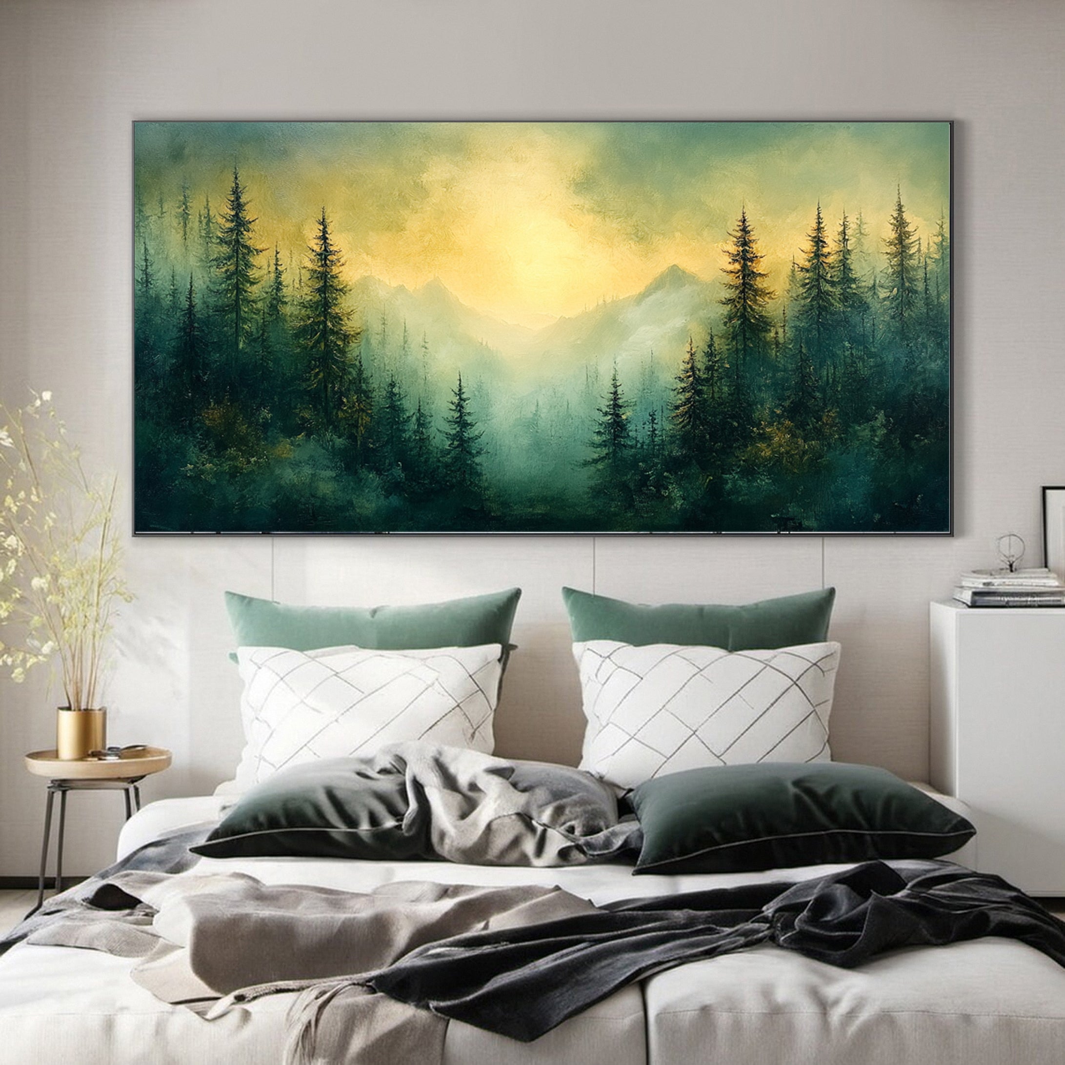 Mystic Mountains Serene Forest Landscape Canvas Wall Art #FT 035