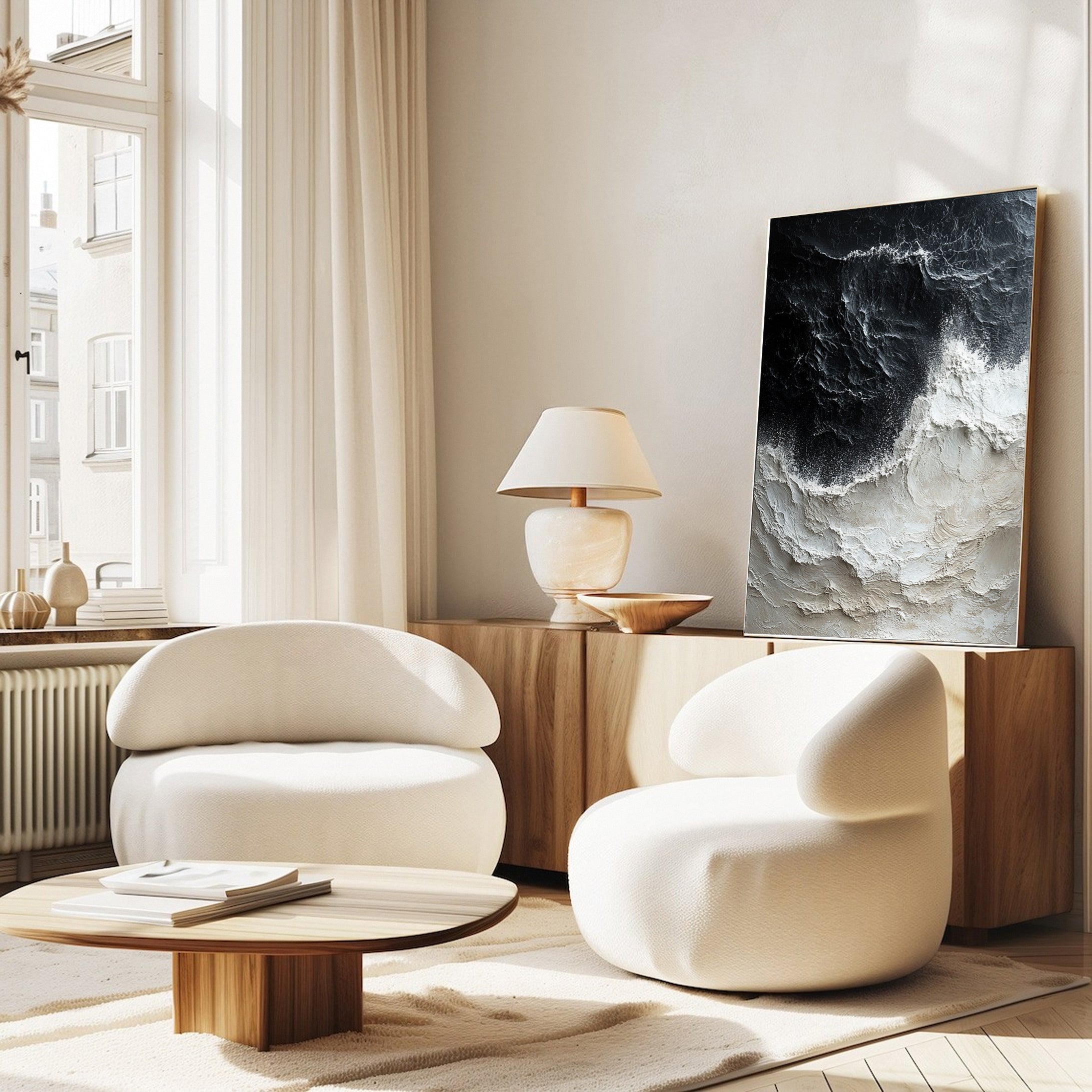 Sea Wave Black & White Large Textured Ocean Wall Art #OS 040