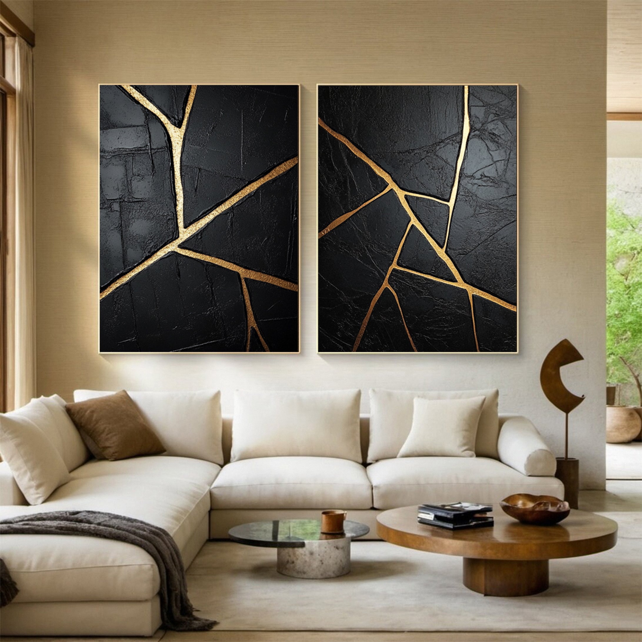 Luxurious Depths Black & Gold Abstract Canvas Art Set Of 2 #MMAS 052