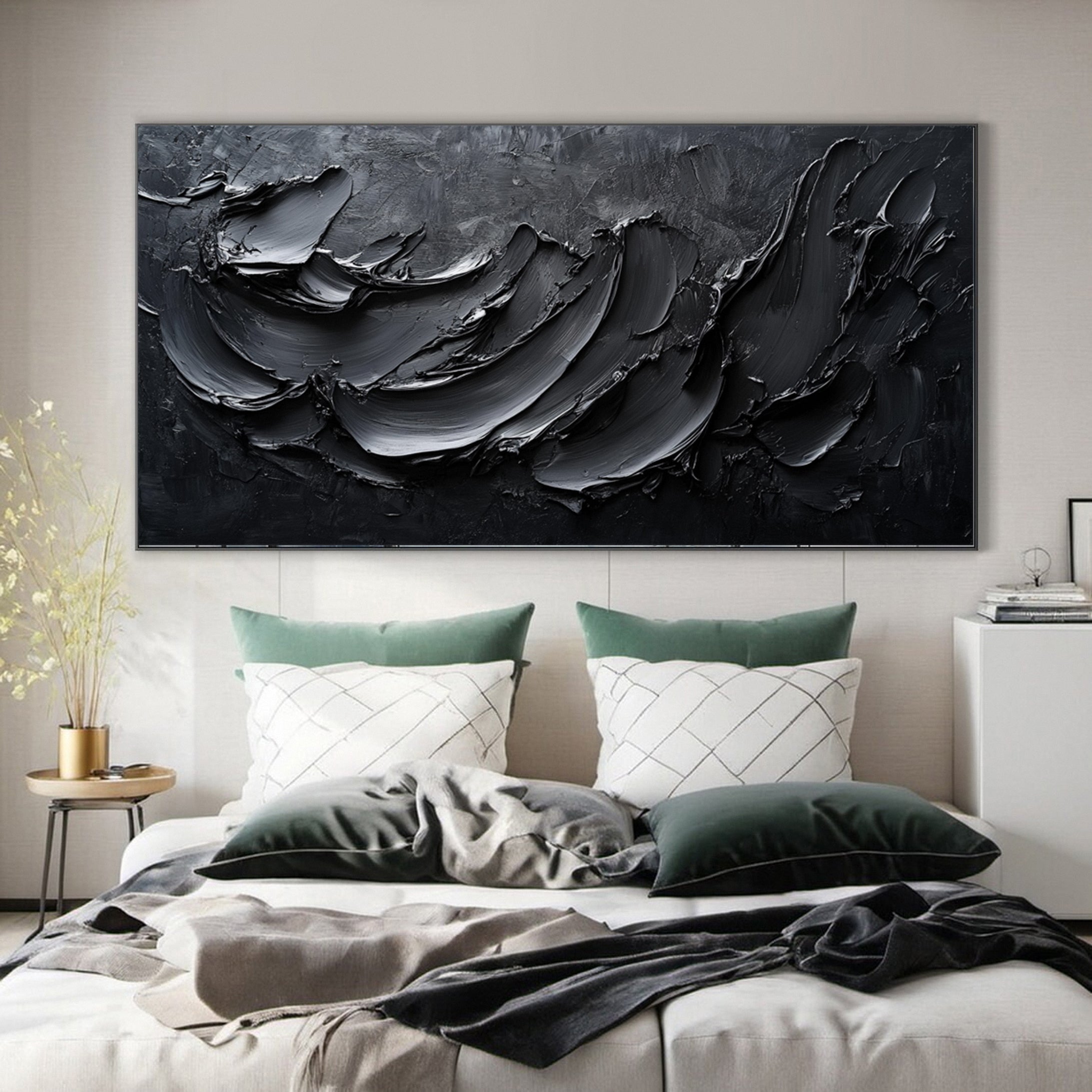 Luxurious Depths Large Black Textured Abstract Canvas Art #MMA 111