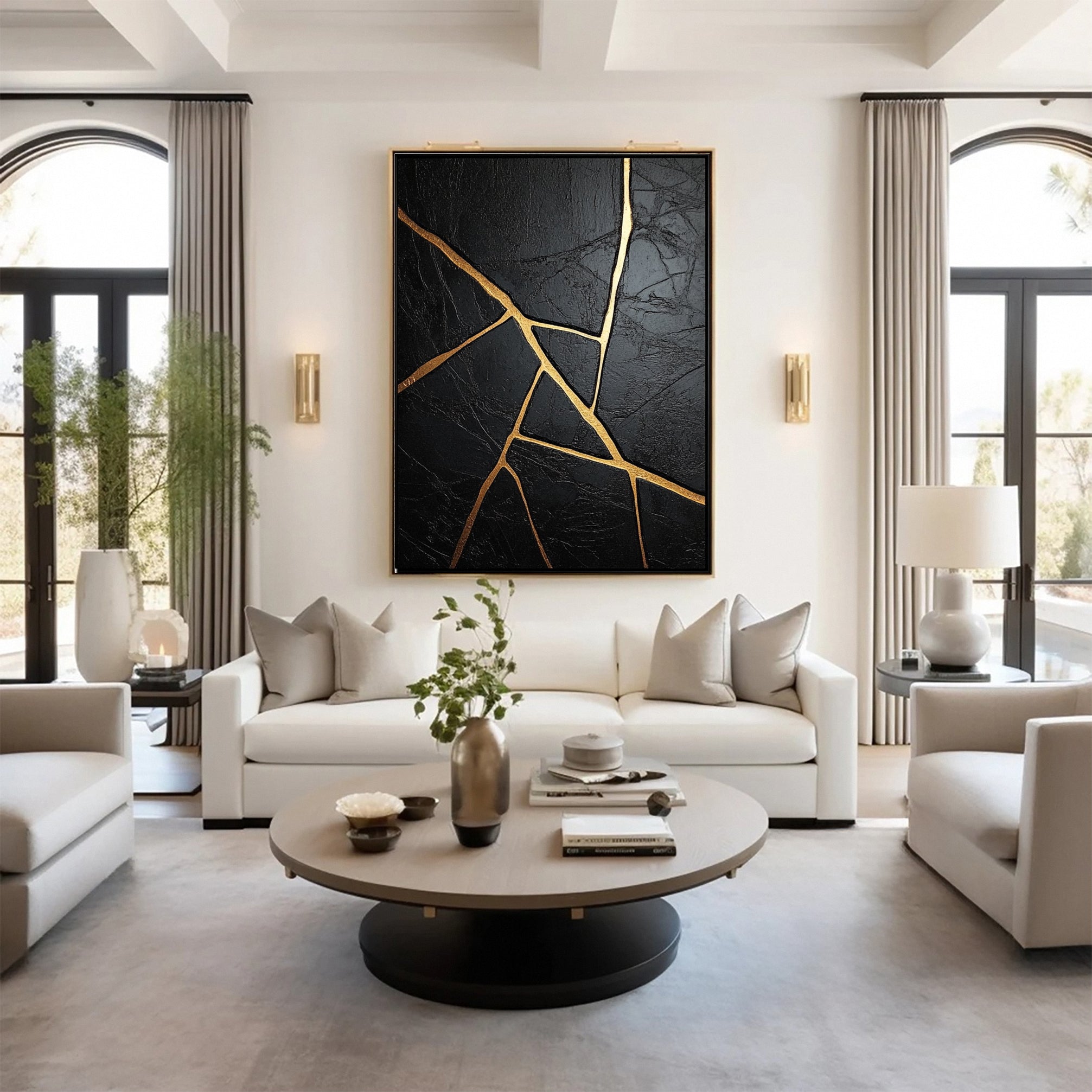 Golden Cracks Black Modern Abstract Art for Elegant Interiors #MMA 108