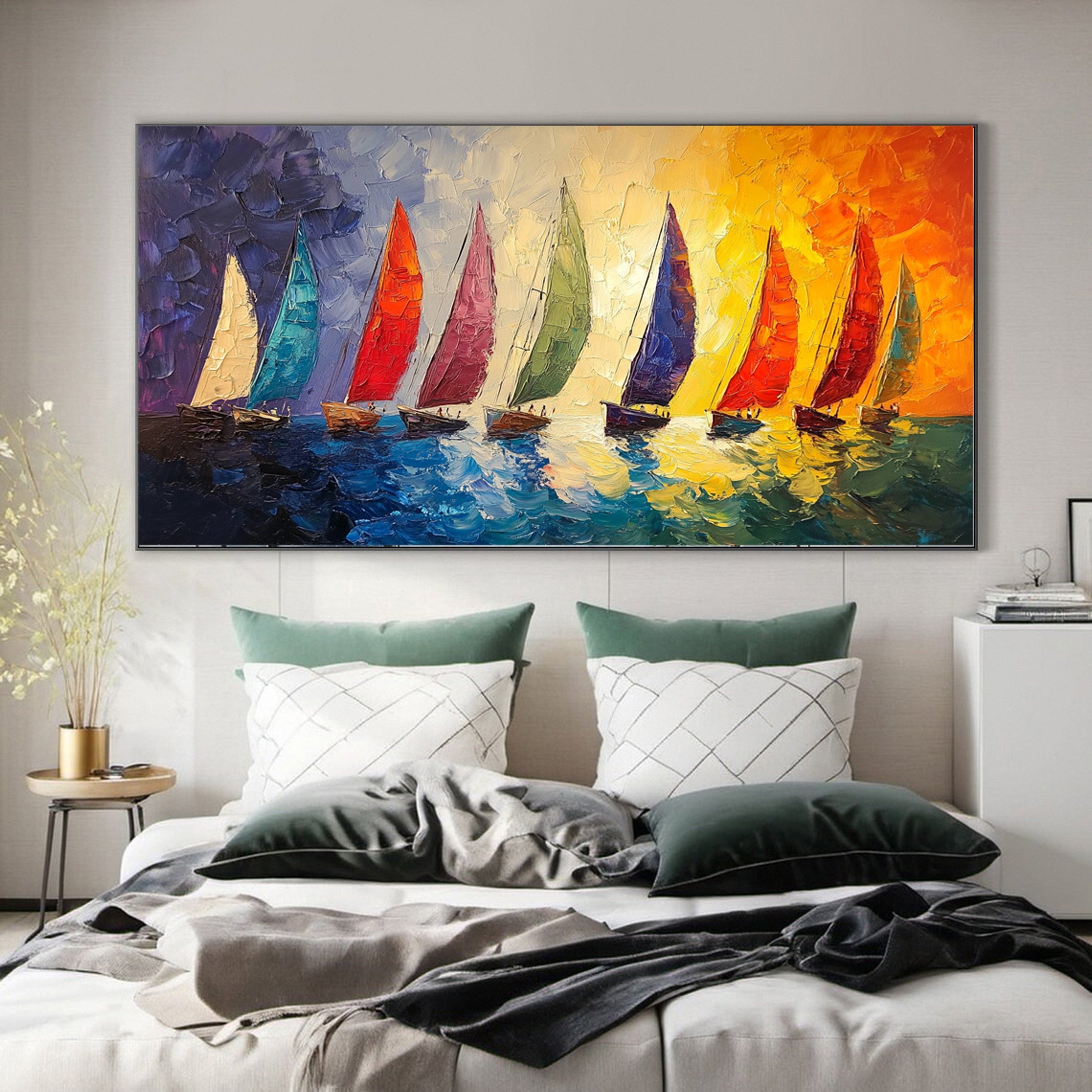 Colorful Regatta Textured Sailboat Painting Sunset Wall Art #MMA 158