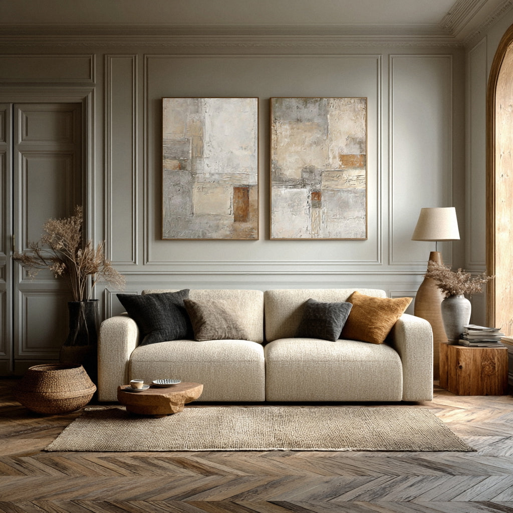 Oversized Beige & Gray Textured Canvas Panels Set Of 2 #AG 015