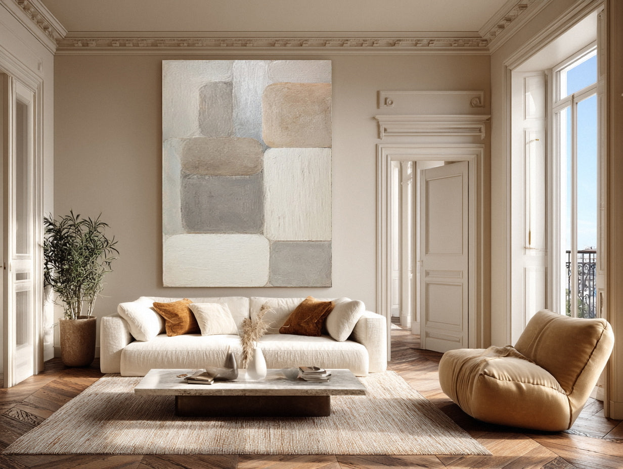 Large Beige & Gray Block Abstract Painting #AG 016