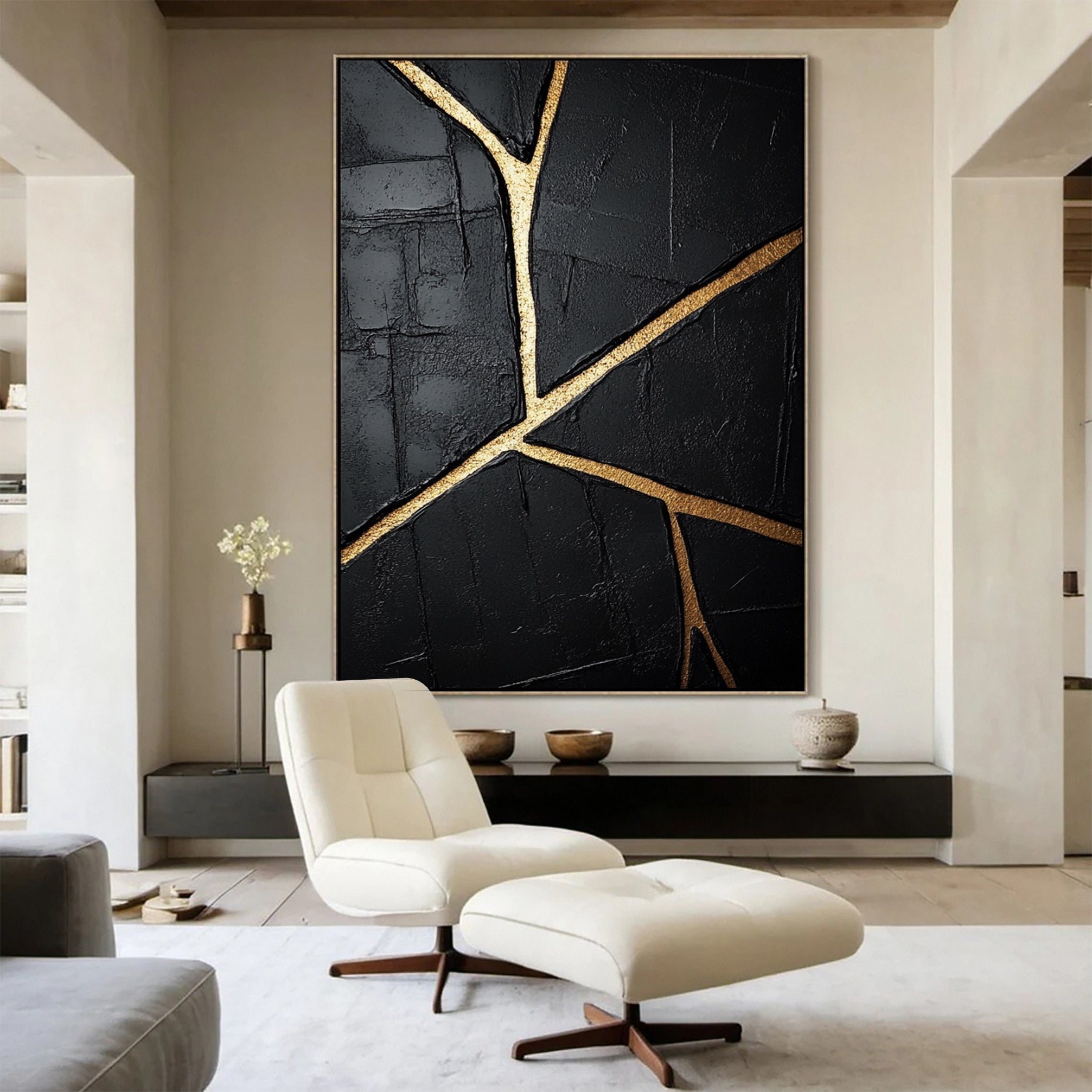 Golden Cracks Black Modern Abstract Art for Elegant Interiors #MMA 109