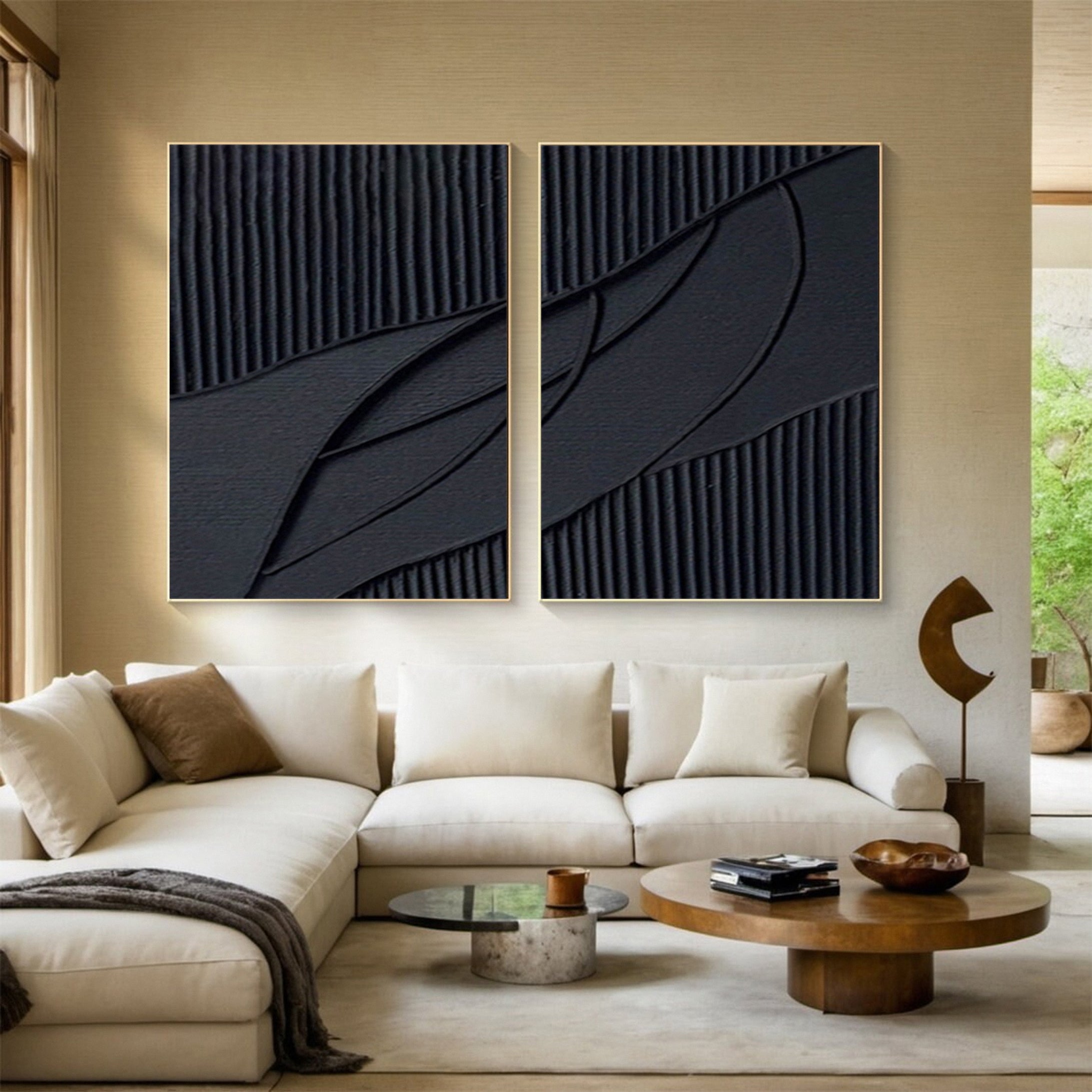 Luxurious Depths Black Textured Abstract Canvas Art Set Of 2 #MMAS 053