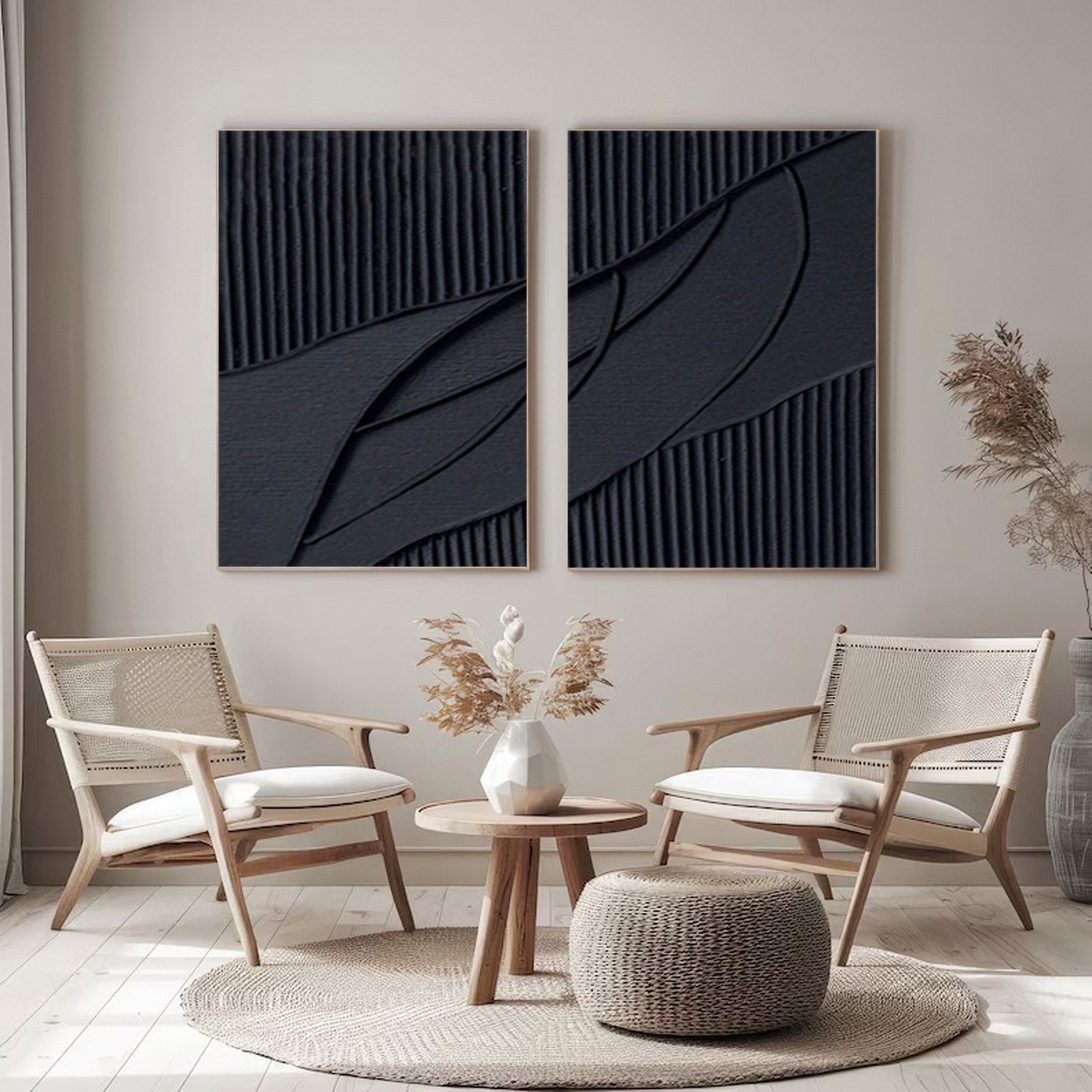 Luxurious Depths Black Textured Abstract Canvas Art Set Of 2 #MMAS 053