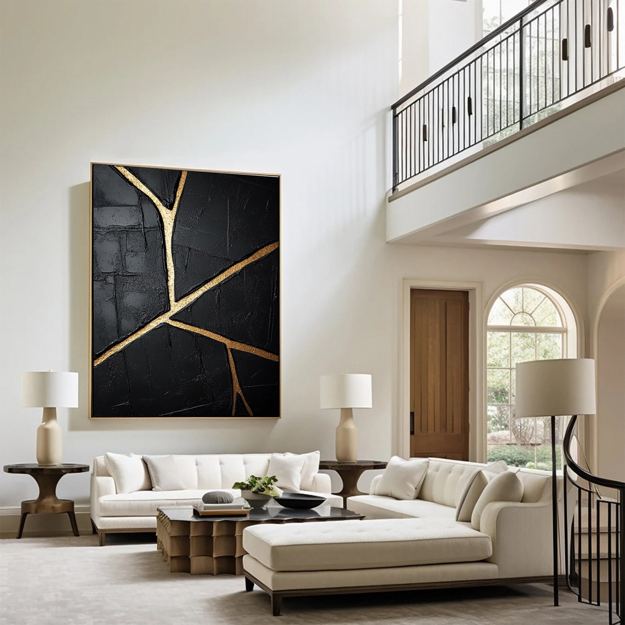 Golden Cracks Black Modern Abstract Art for Elegant Interiors #MMA 109