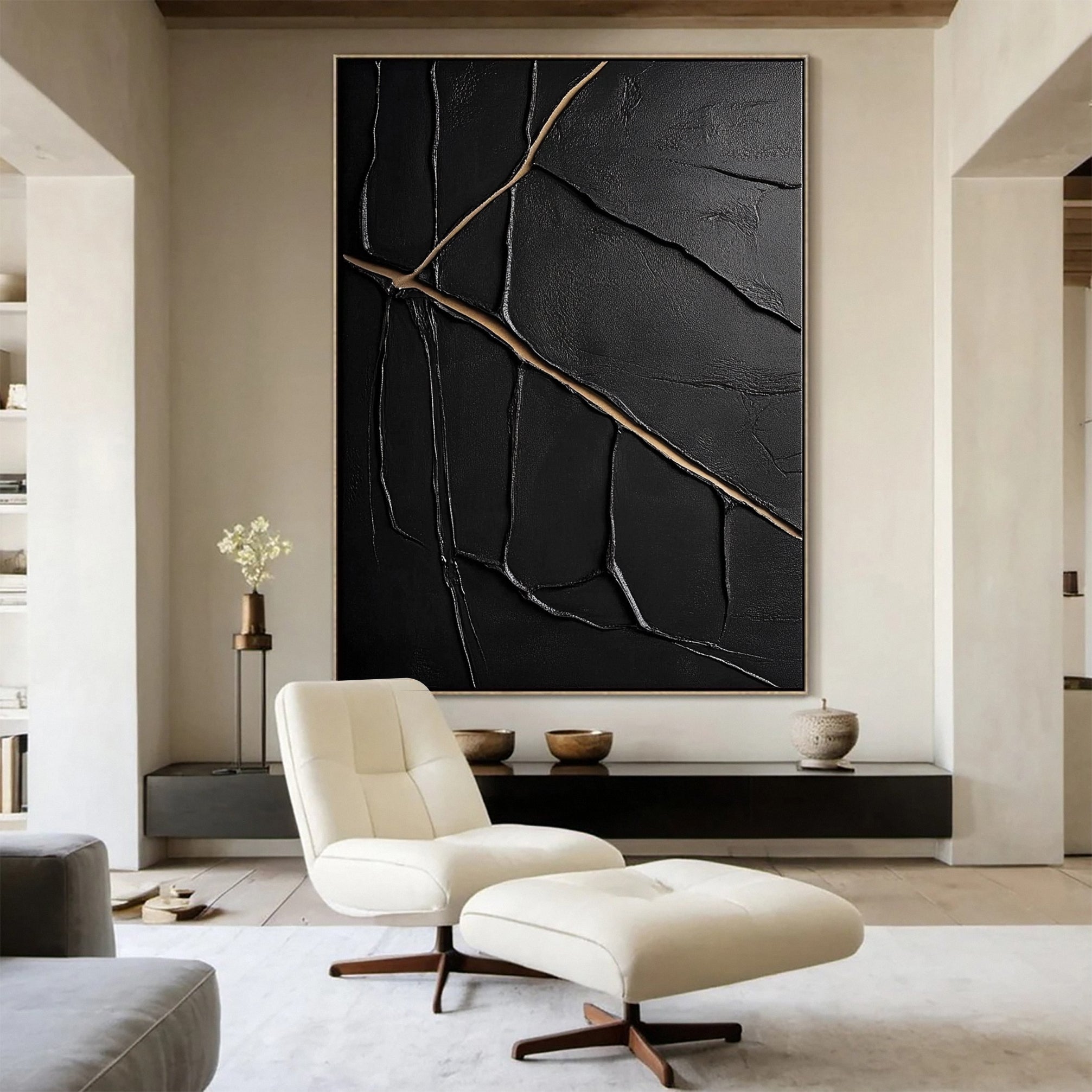 Golden Cracks Black Modern Abstract Art for Elegant Interiors #MMA 110