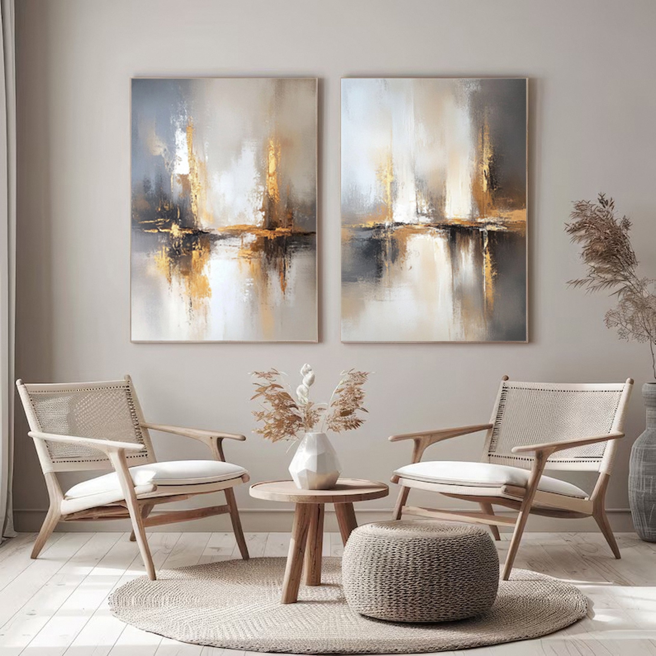 Golden Reflections Luxurious Large Abstract Art Set Of 2 #APS 003