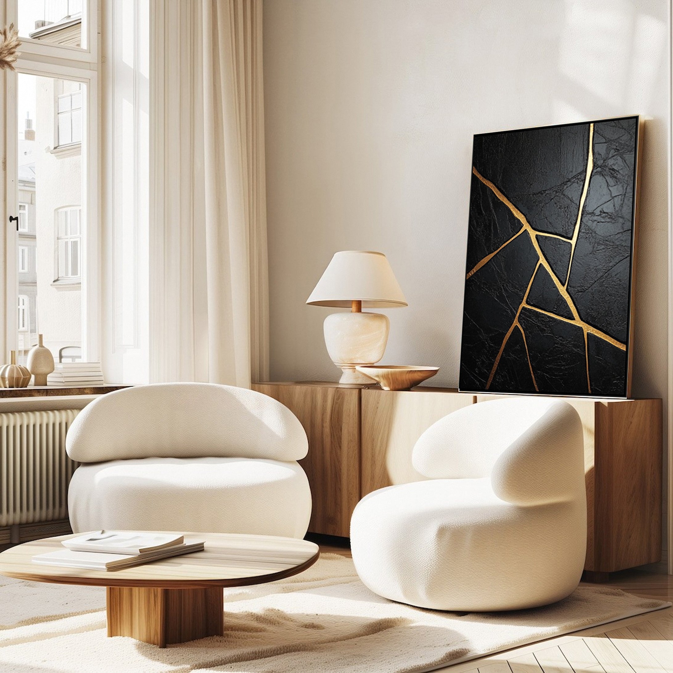 Golden Cracks Black Modern Abstract Art for Elegant Interiors #MMA 108