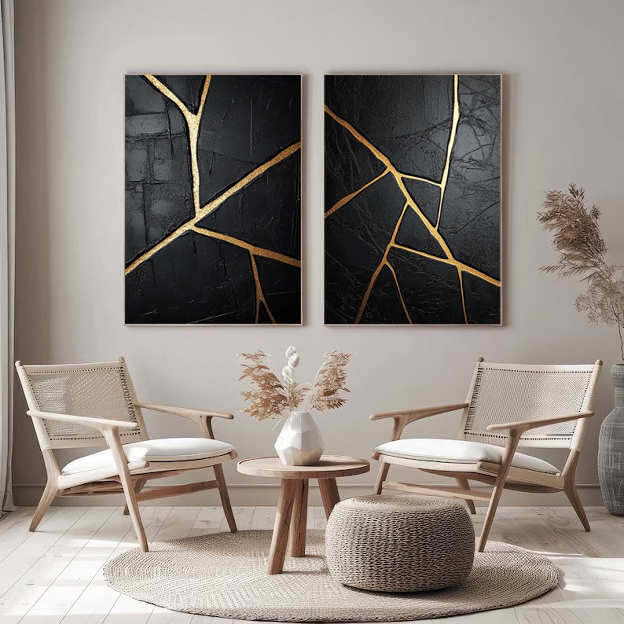 Luxurious Depths Black & Gold Abstract Canvas Art Set Of 2 #MMAS 052