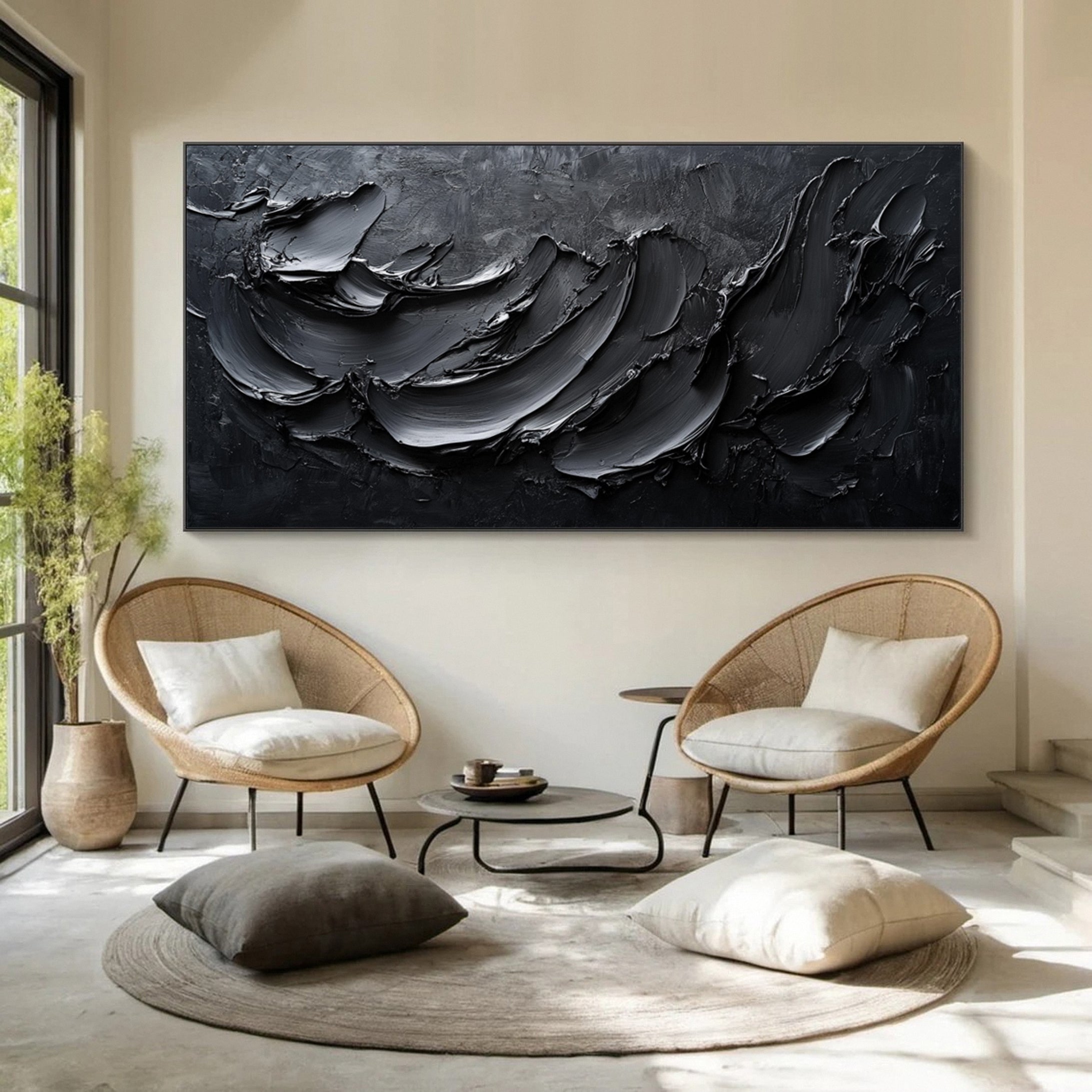 Luxurious Depths Large Black Textured Abstract Canvas Art #MMA 111