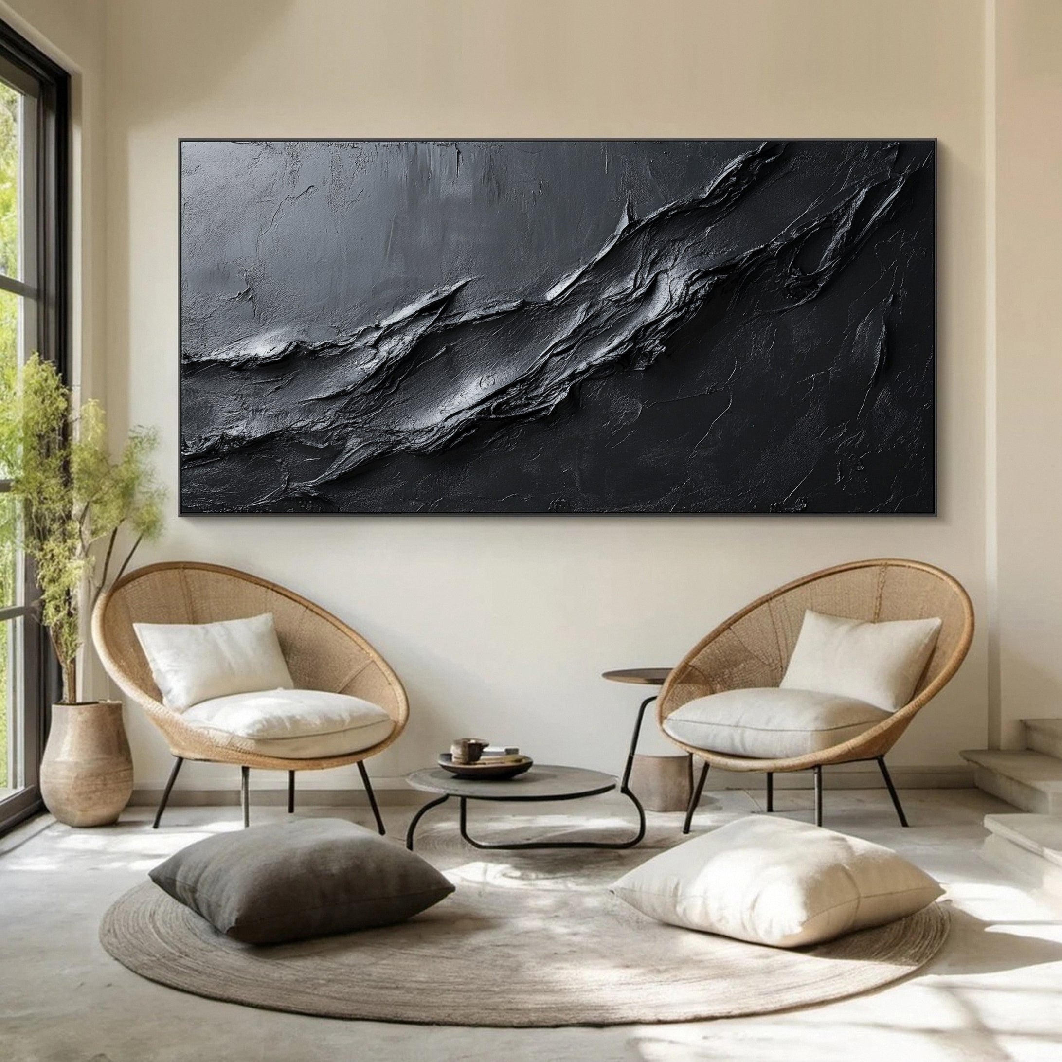 Luxurious Depths Large Black Textured Abstract Canvas Art #MMA 113