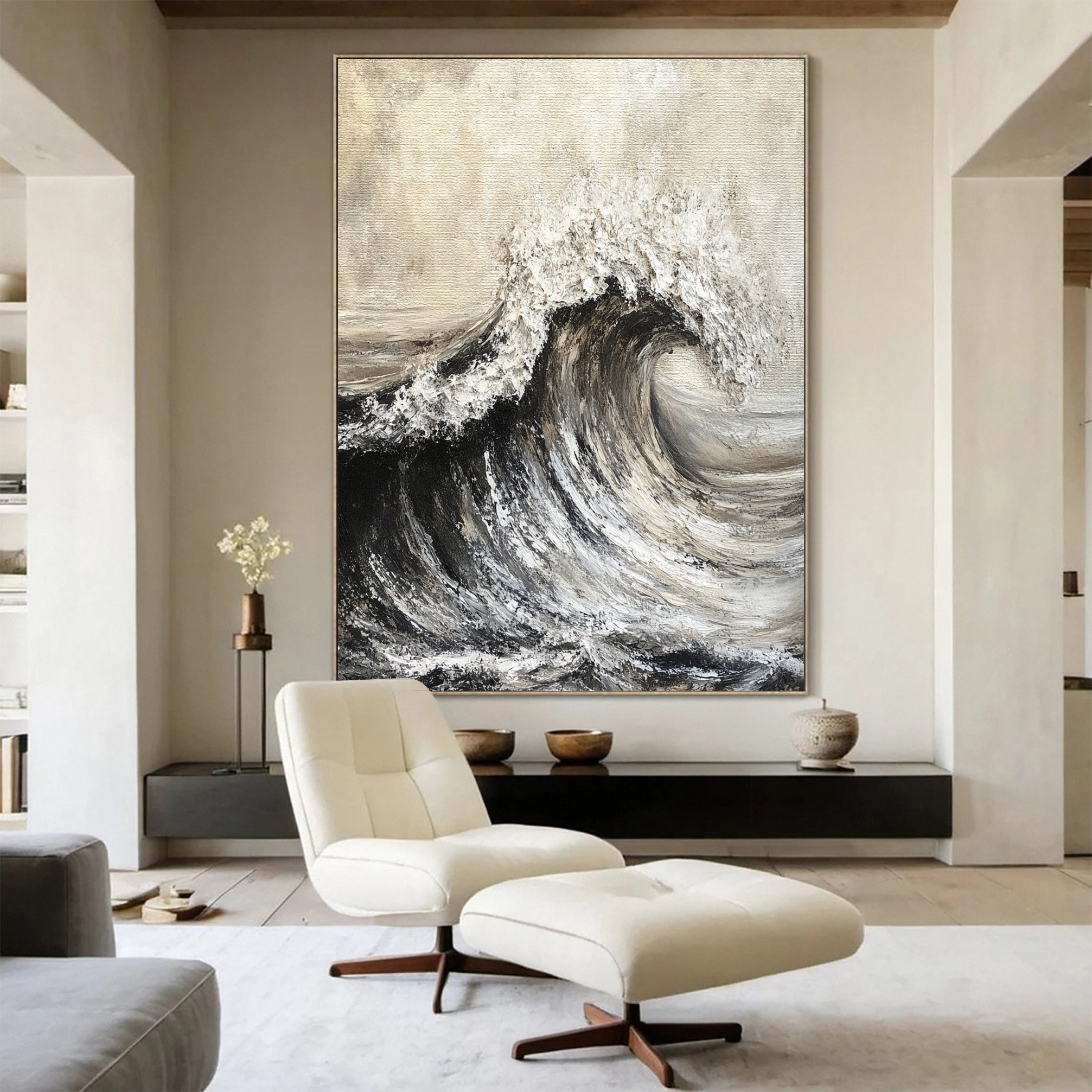 Sea Wave Black & White Large Textured Ocean Wall Art #OS 042