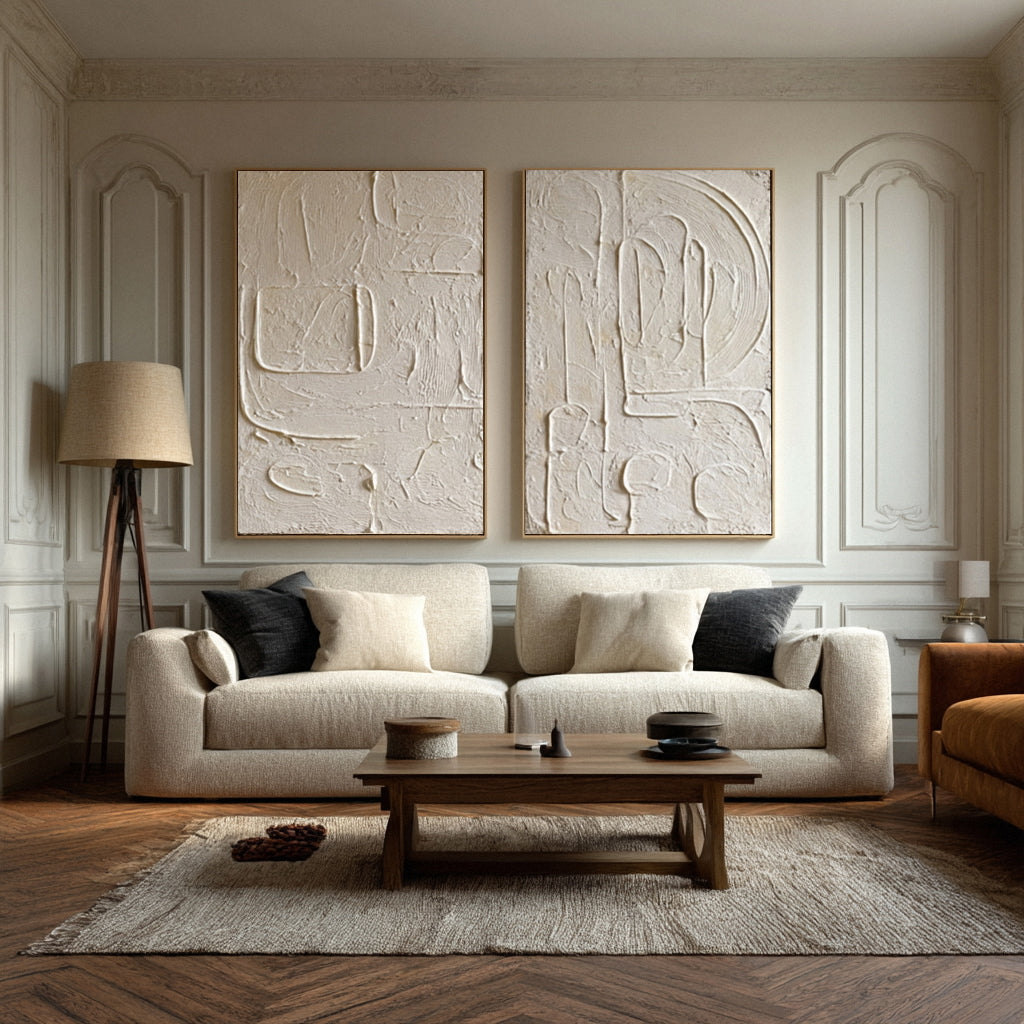 Oversized White Impasto Paintings for Minimalist Chic Set Of 2 #AG 013