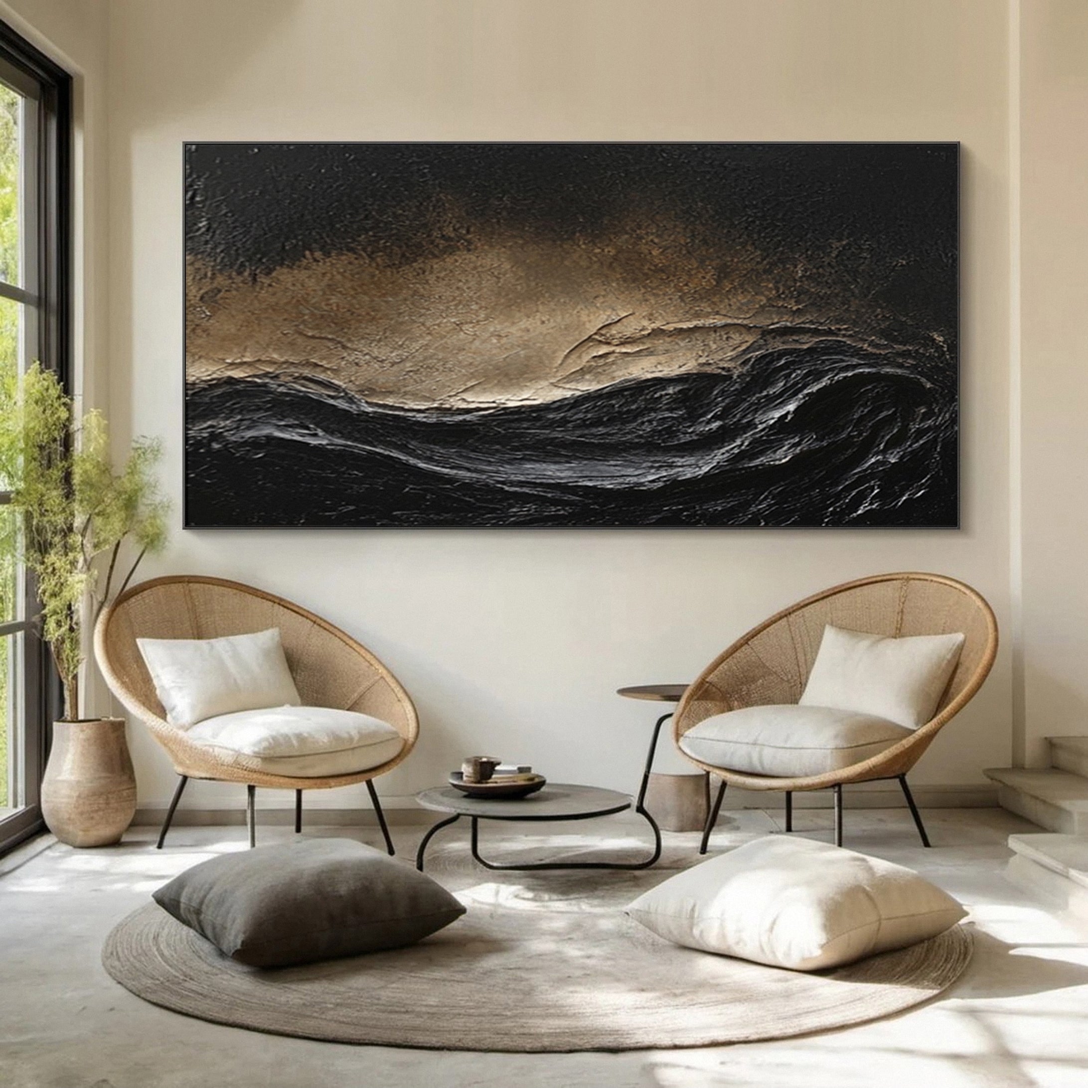 Stormy Elegance Large Black and Gold Abstract Wall Art #MMA 147