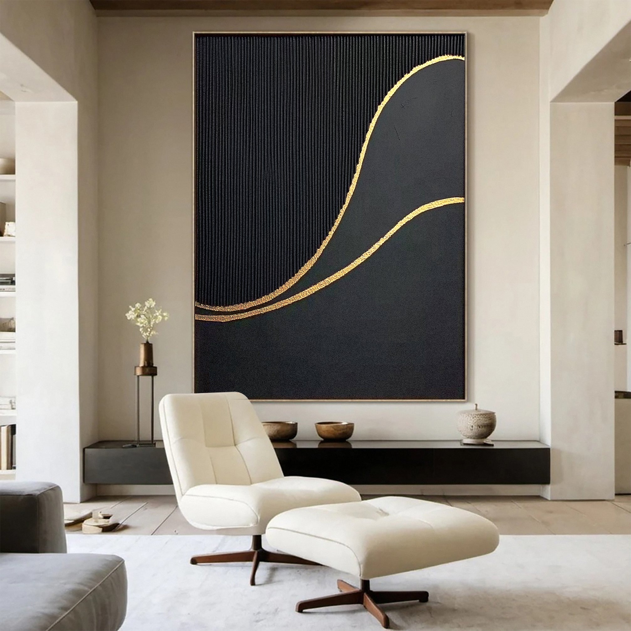 Luxury Waves Black and Gold Abstract Canvas Art #MMA 124