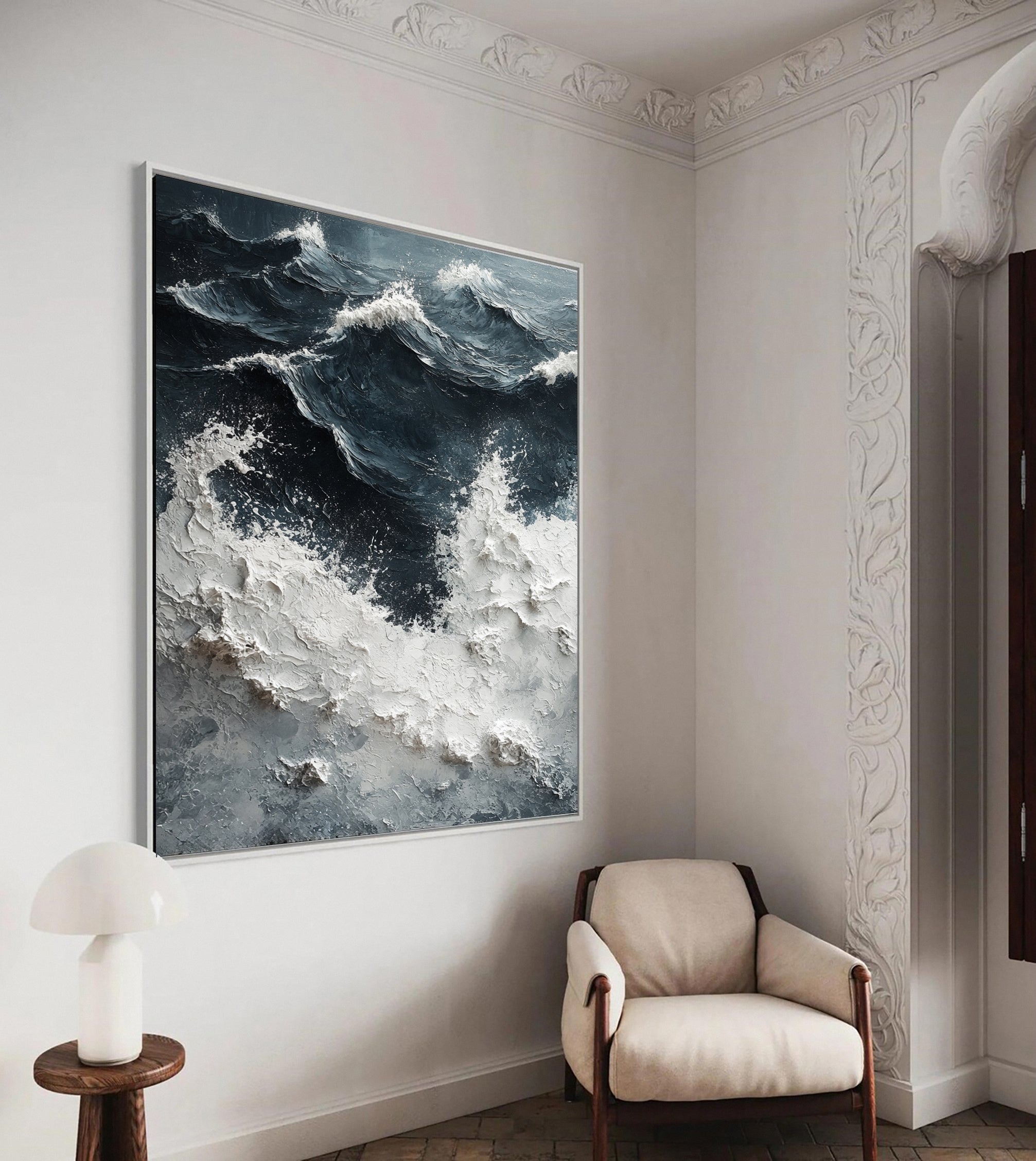 Sea Wave Blue & White Large Textured Ocean Wall Art #OS 043