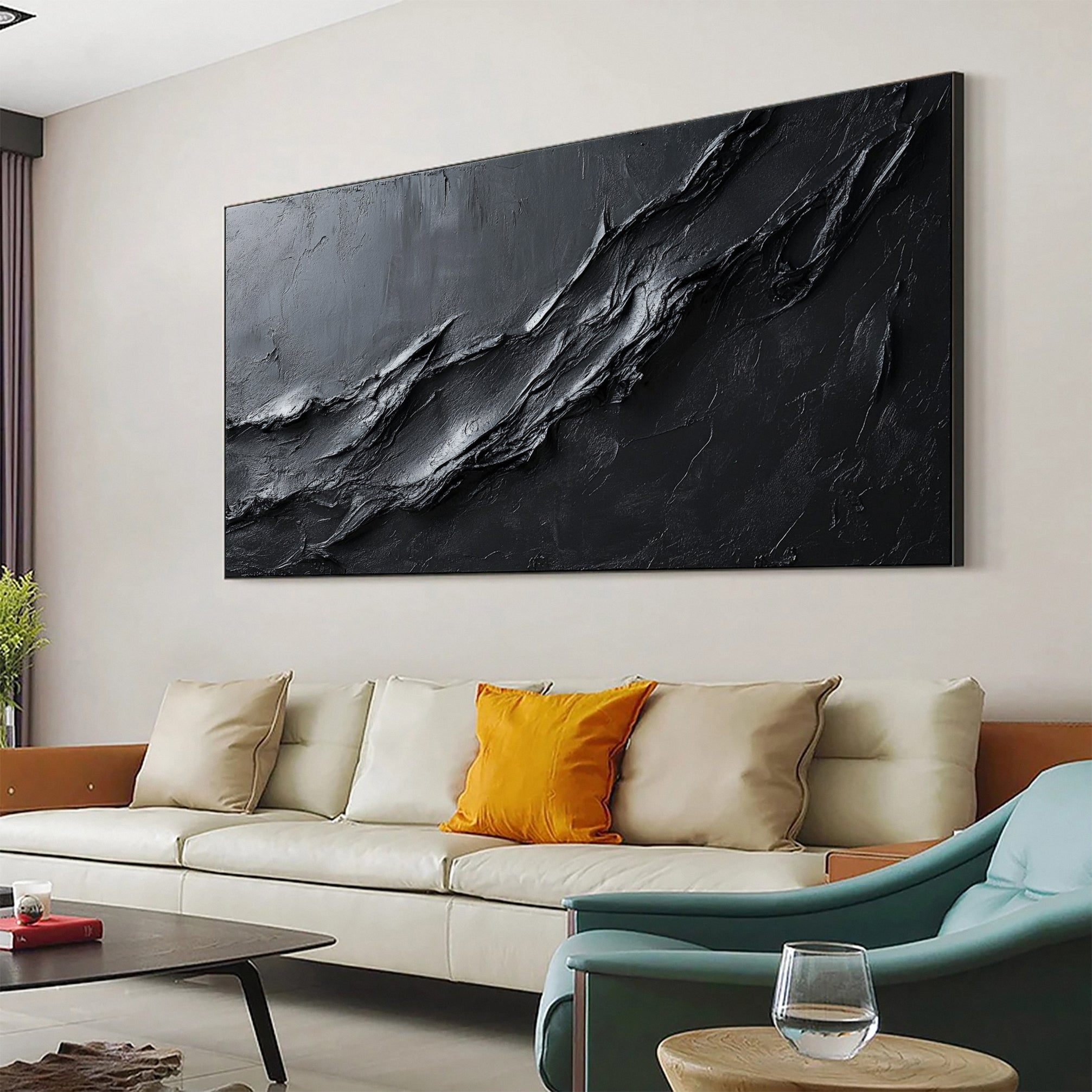 Luxurious Depths Large Black Textured Abstract Canvas Art #MMA 113