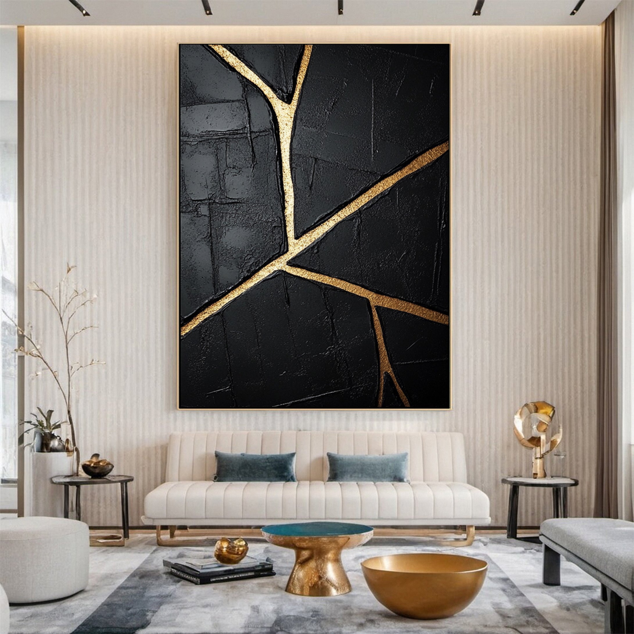 Golden Cracks Black Modern Abstract Art for Elegant Interiors #MMA 109