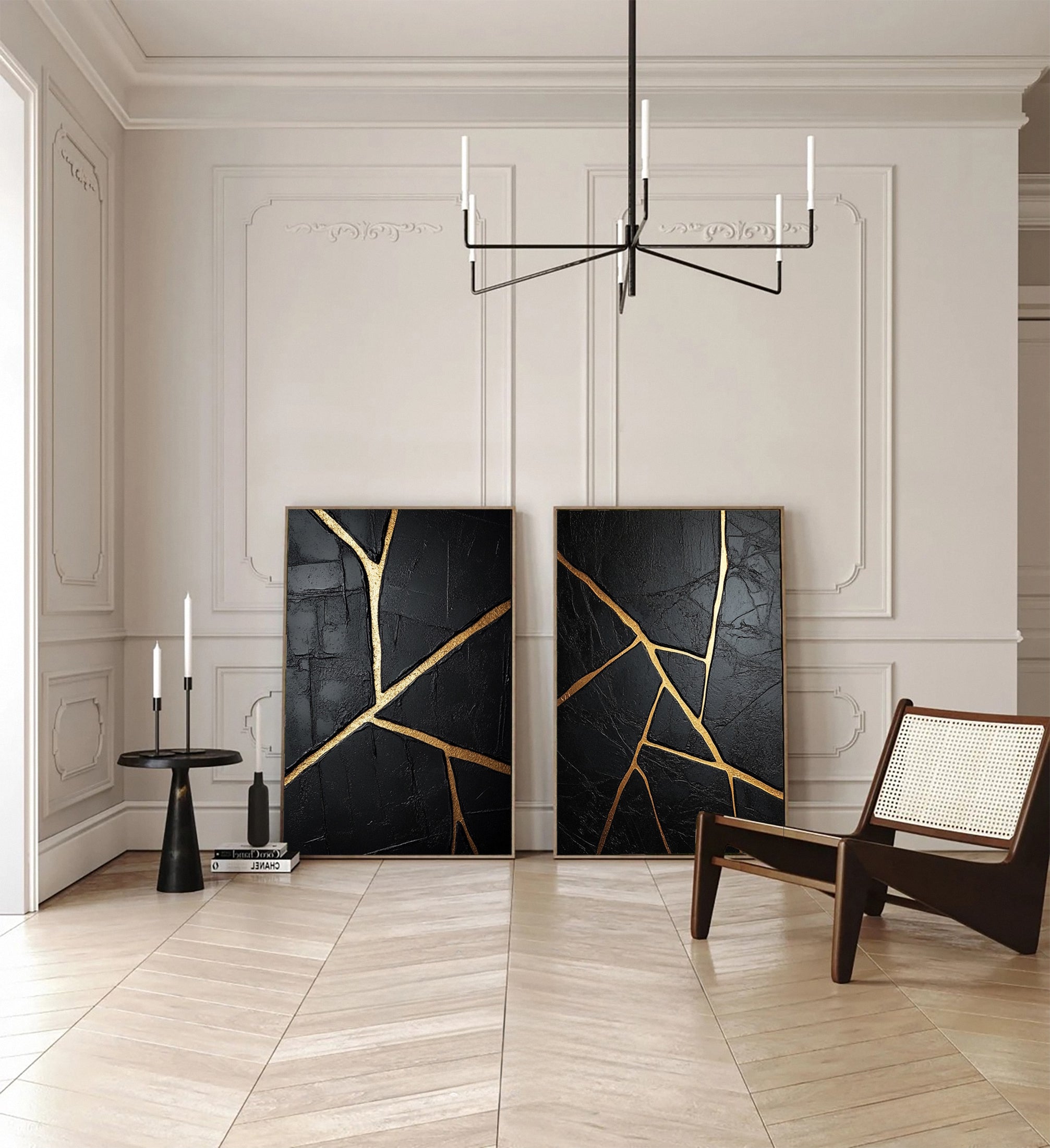 Luxurious Depths Black & Gold Abstract Canvas Art Set Of 2 #MMAS 052