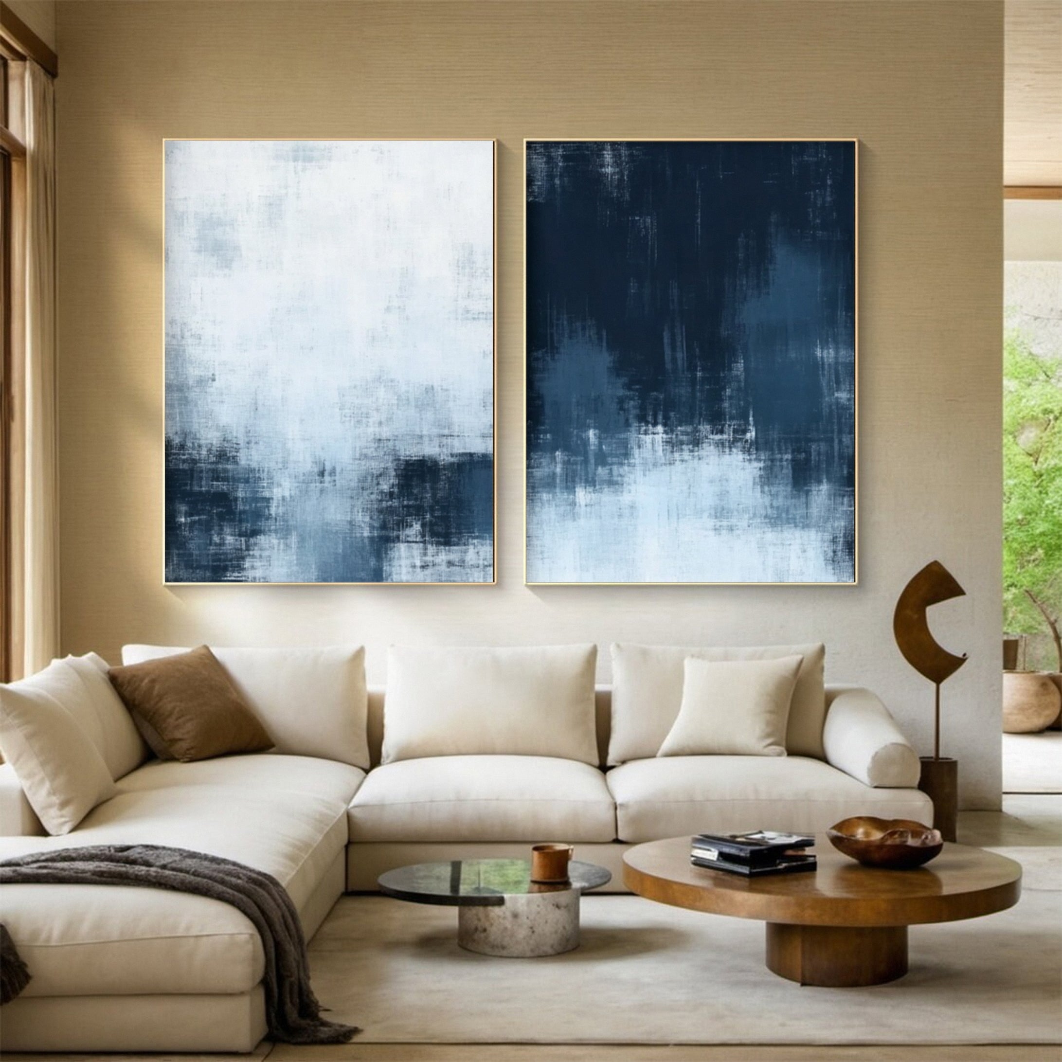 Large Blue & White Abstract Wabi Sabi Wall Art Set Of 2 #APS 004