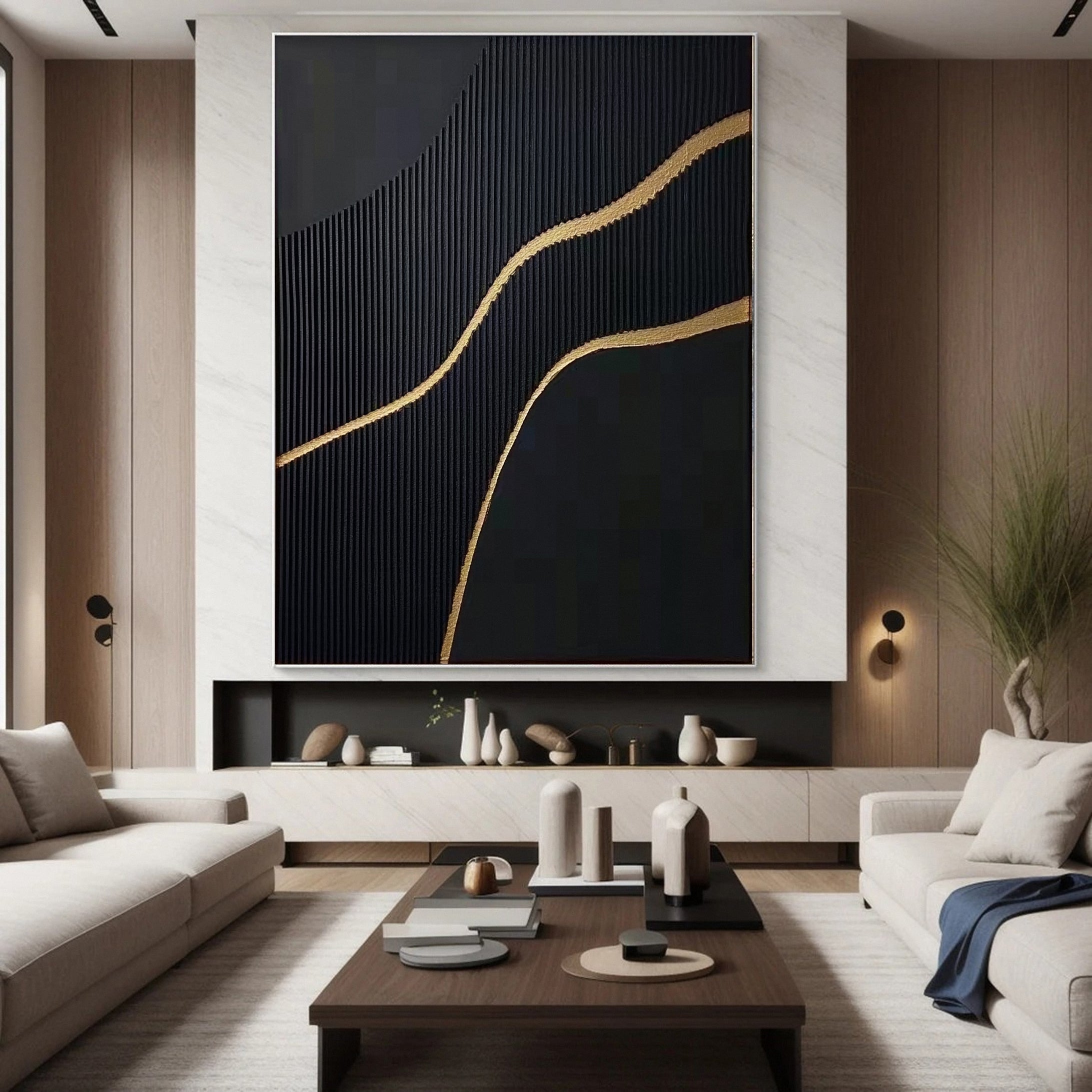 Golden Sway Chic Black and Gold Large Textured Wall Art #MMA 128